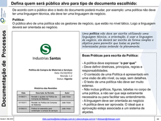 44Versão 3 | Mar 2015
DocumentaçãodeProcessos
rildo.santos@etecnologia.com.br | etecnologia.com.br | rildosan@rildosan.com
Defina quem será público alvo para tipo de documento escolhido:
Política:
O público alvo de uma política são os gestores de negócio, que estão no nível tático. Logo a linguagem
deverá ser orientada ao negócio.
Política de Compra de Materiais e Serviços
Data: 01/10/2012
Revisão: 1.2
Status: Vigente
Data Descrição da Revisão Autor
01/08/211 Revisão e ajustes na Política de
Compras de Materiais
João Victor
01/10/211 Revisão na Política de Compras
de Materiais
João Victor
01/09/212 Política foi estendida para
contemplar a compra de serviços
João Victor
Histórico das Revisões
Industrias Santos
Uma política não deve ser escrita utilizando uma
linguagem técnica, a orientação, é usar a linguagem
de negócio, ela deverá ser escrita de forma simples e
objetiva para permitir que todas as partes
interessadas possa entende-la plenamente.
De acordo com o público alvo o texto do documento poderá mudar, por exemplo: uma política não deve
ter uma linguagem técnica, ela deve ter uma linguagem de negócio.
Boas Práticas para escrita da Política:
- A política deve expressar “o por que”
- Deve definir diretrizes, principios, regras e
responsabilidades.
- O conteúdo de uma Política é apresentado em
uma visão de alto nível, ou seja, sem detalhes.
- O texto de uma política não deve ser muito
extenso.
- Não inclua gráficos, figuras, tabelas no corpo de
uma política, a não ser que seja extramente
necessária ou para facilitar seu entendimento.
- A linguagem deve ser orientada ao negócio
- A política deve ser aprovada. O ideal que a
aprovação esteja associada a um sistema de
alçadas.
 