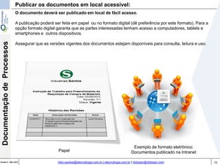 53Versão 3 | Mar 2015
DocumentaçãodeProcessos
rildo.santos@etecnologia.com.br | etecnologia.com.br | rildosan@rildosan.com
Publicar os documentos em local acessível:
O documento deverá ser publicado em local de fácil acesso.
A publicação poderá ser feita em papel ou no formato digital (dê preferência por este formato). Para a
opção formato digital garanta que as partes interessadas tenham acesso a computadores, tablets e
smartphones e outros dispositivos.
Assegurar que as versões vigentes dos documentos estejam disponíveis para consulta, leitura e uso.
Papel
Exemplo de formato eletrônico:
Documentos publicado na Intranet
 