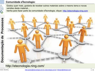 62Versão 3 | Mar 2015
DocumentaçãodeProcessos
rildo.santos@etecnologia.com.br | etecnologia.com.br | rildosan@rildosan.com
Comunidade eTecnologia:
http://etecnologia.ning.com/
Gostou quer mais, gostaria de receber outros materiais sobre o mesmo tema e novas
versões deste material...
Venha para fazer parte da comunidade eTecnologia, clique: http://etecnologia.ning.com
 