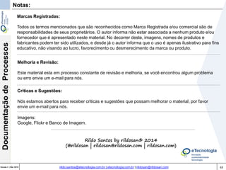 63Versão 3 | Mar 2015
DocumentaçãodeProcessos
rildo.santos@etecnologia.com.br | etecnologia.com.br | rildosan@rildosan.com
Notas:
Marcas Registradas:
Todos os termos mencionados que são reconhecidos como Marca Registrada e/ou comercial são de
responsabilidades de seus proprietários. O autor informa não estar associada a nenhum produto e/ou
fornecedor que é apresentado neste material. No decorrer deste, imagens, nomes de produtos e
fabricantes podem ter sido utilizados, e desde já o autor informa que o uso é apenas ilustrativo para fins
educativo, não visando ao lucro, favorecimento ou desmerecimento da marca ou produto.
Melhoria e Revisão:
Este material esta em processo constante de revisão e melhoria, se você encontrou algum problema
ou erro envie um e-mail para nós.
Criticas e Sugestões:
Nós estamos abertos para receber criticas e sugestões que possam melhorar o material, por favor
envie um e-mail para nós.
Imagens:
Google, Flickr e Banco de Imagem.
Rildo Santos by rildosan® 2014
(@rildosan | rildosan@rildosan.com | rildosan.com)
 