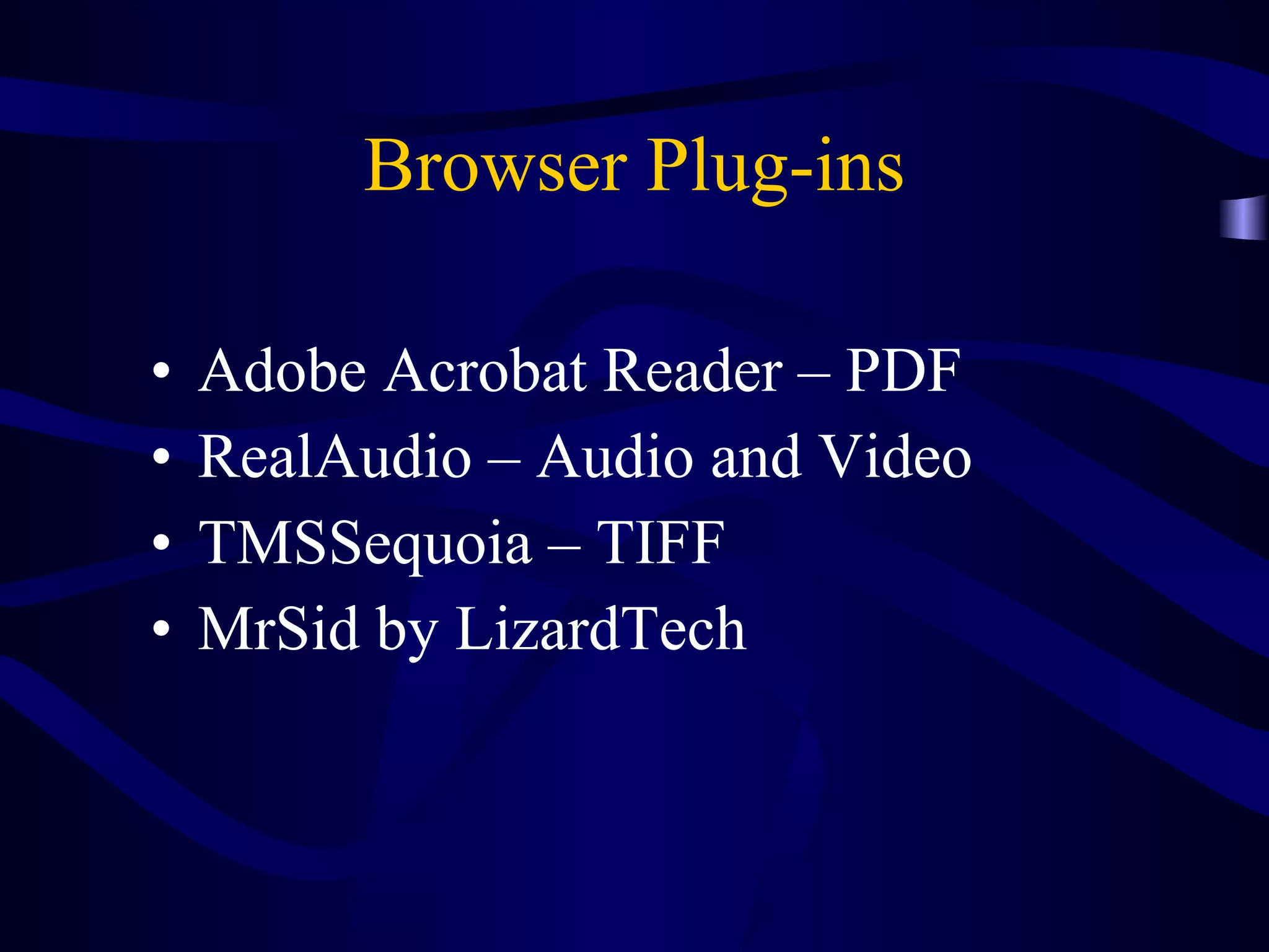 Browser Plug-ins Adobe Acrobat Reader – PDF RealAudio – Audio and Video TMSSequoia – TIFF MrSid by LizardTech 