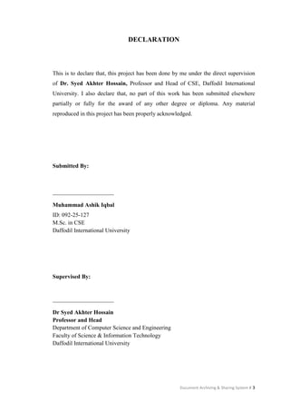 Declaration Of Computer Project Document Archiving & Sharing System | PDF