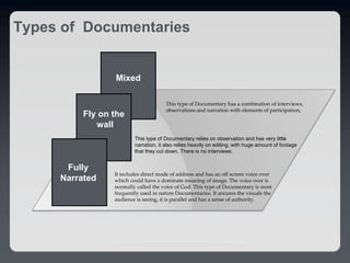 This type of Documentary has a combination of interviews,
observations and narration with elements of participation,
Your Text
Your Text
Your Text
It includes direct mode of address and has an off screen voice over
which could have a dominate meaning of image. The voice over is
normally called the voice of God. This type of Documentary is most
frequently used in nature Documentaries. It ancures the visuals the
audience is seeing, it is parallel and has a sense of authority.
Mixed
Fly on the
wall
Fully
Narrated
This type of Documentary relies on observation and has very little
narration, it also relies heavily on editing, with huge amount of footage
that they cut down. There is no interviews.
Types of Documentaries
 