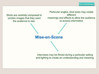 Documentaries
Mise-en-Scene
Shots are carefully composed to
contain images that they want
the audience to see,
Particular angles, shot sizes may create
different
meanings and effects to allow the audience
to access information
Interviews may be filmed during a particular setting
and lighting to create an understanding and meaning.
 