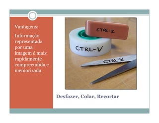 Vantagens:
Informação
representada
por uma
imagem é mais
rapidamente
compreendida e
memorizada




                 Desfazer, Colar, Recortar
 