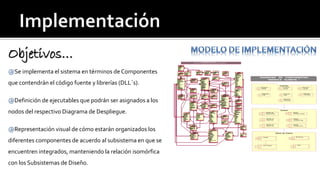 Objetivos… 
@Se implementa el sistema en términos de Componentes 
que contendrán el código fuente y librerías (DLL`s). 
@Definición de ejecutables que podrán ser asignados a los 
nodos del respectivo Diagrama de Despliegue. 
@Representación visual de cómo estarán organizados los 
diferentes componentes de acuerdo al subsistema en que se 
encuentren integrados, manteniendo la relación isomórfica 
con los Subsistemas de Diseño. 
DIAGRAMA DE COMPONENTES: 
"MODULO CLIENTE " 
Interfaz 
Cambiar 
Cliente 
Registrar 
Cliente 
Eliminar 
Cliente 
Eliminar 
País 
Registrar 
País 
Registrar 
Provincia 
Eliminar 
Provincia 
Gestor 
Gestor 
Actualiz.Cliente 
Gestor de 
Reg.Cliente 
Gestor de 
Reg.País 
Gestor 
Actualiz.País 
Gestor de 
Reg.Pcia. 
Gestor 
Actualiz.Pcia 
Base de Datos 
Cliente Provincia 
Tipo Cliente País 
 
