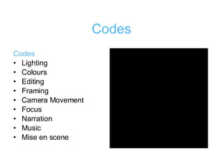 Codes Codes Lighting Colours Editing Framing Camera Movement  Focus Narration Music Mise en scene 