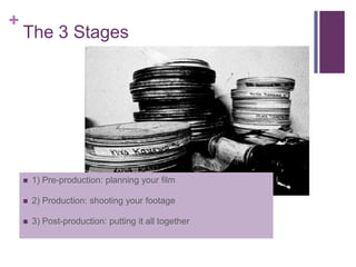 +
    The 3 Stages




       1) Pre-production: planning your film

       2) Production: shooting your footage

       3) Post-production: putting it all together
 