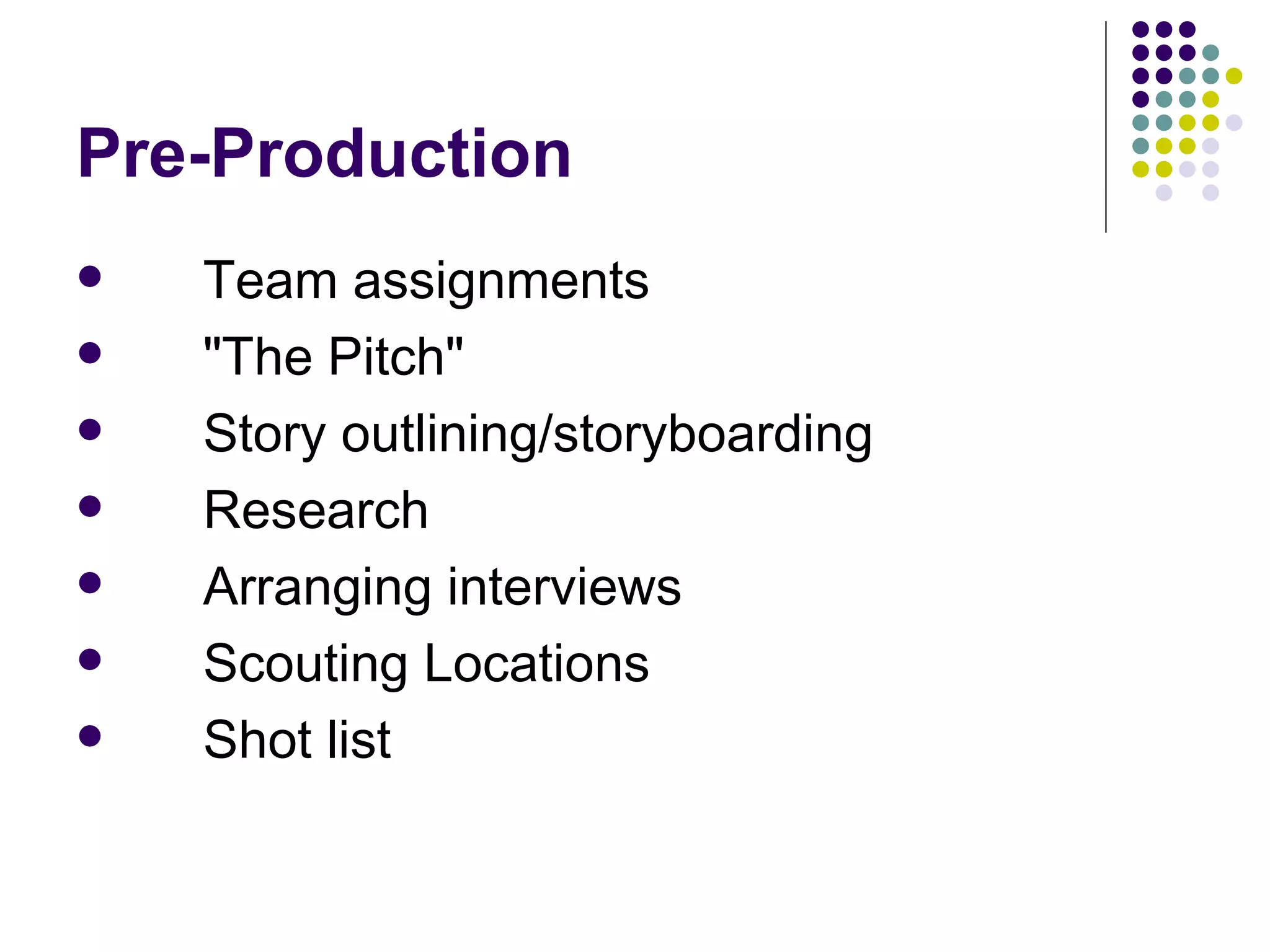 Pre-Production Team assignments "The Pitch" Story outlining/storyboarding Research Arranging interviews Scouting Locations Shot list 