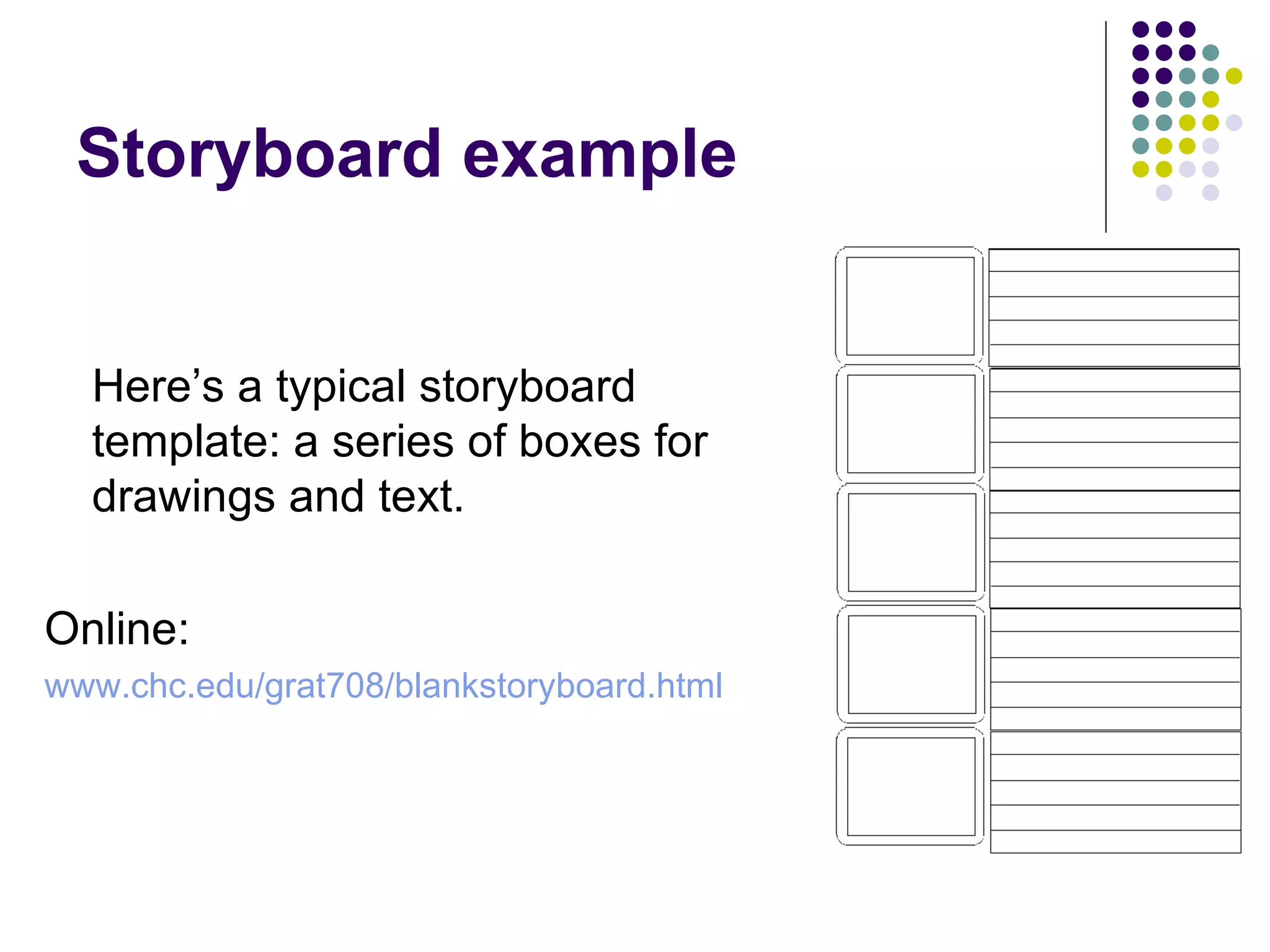 Storyboard example Here’s a typical storyboard template: a series of boxes for drawings and text. Online: www.chc.edu/grat708/blankstoryboard.html 