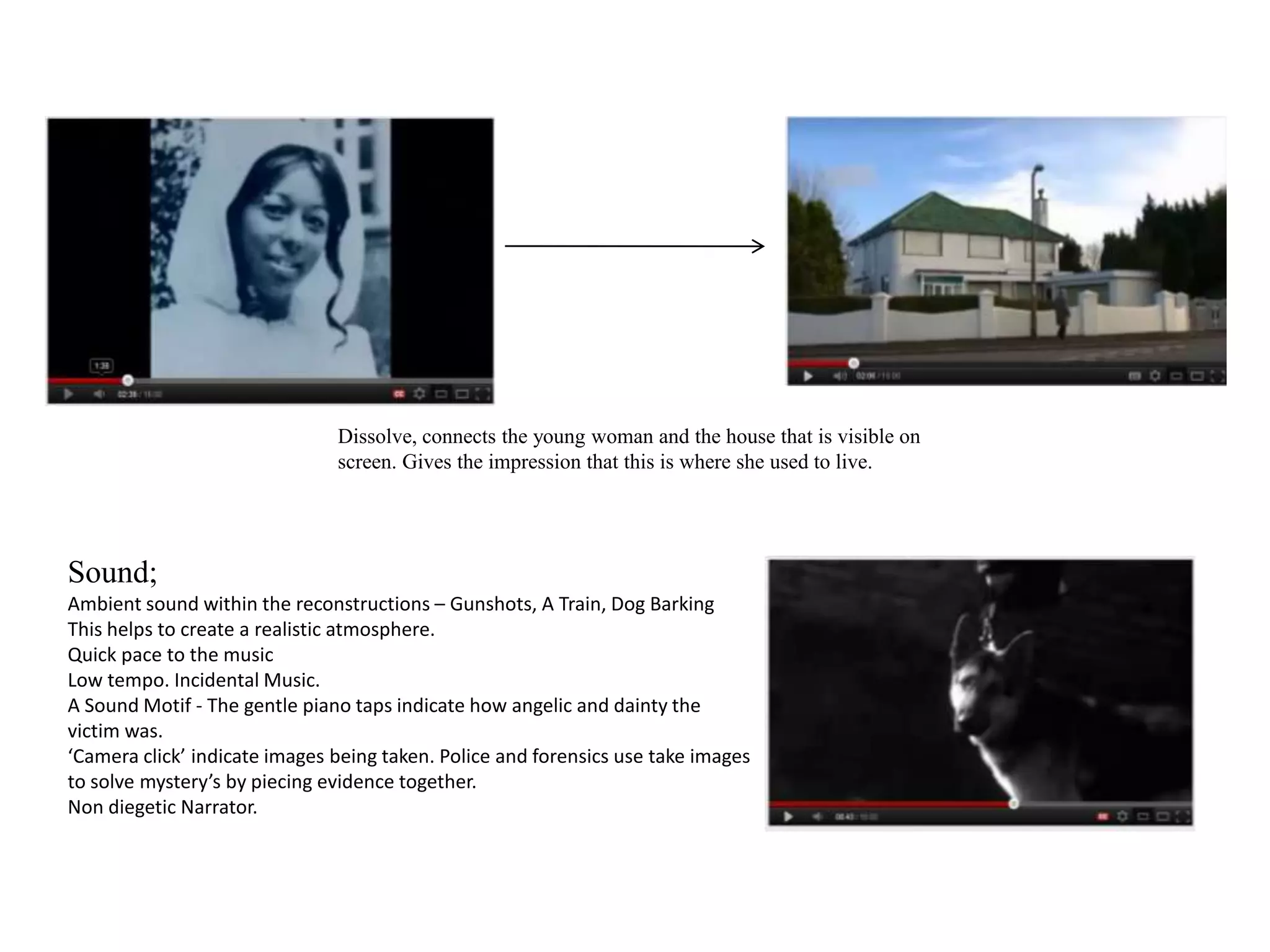 Dissolve, connects the young woman and the house that is visible on
                               screen. Gives the impression that this is where she used to live.




Sound;
Ambient sound within the reconstructions – Gunshots, A Train, Dog Barking
This helps to create a realistic atmosphere.
Quick pace to the music
Low tempo. Incidental Music.
A Sound Motif - The gentle piano taps indicate how angelic and dainty the
victim was.
‘Camera click’ indicate images being taken. Police and forensics use take images
to solve mystery’s by piecing evidence together.
Non diegetic Narrator.
 
