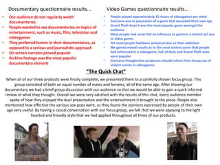 Documentary questionnaire results... Video Games questionnaire results...
When all of our three products were finally complete, we presented them to a carefully chosen focus group. This
group consisted of both an equal number of males and females, all of the same age. After showing our
documentary we had a brief group discussion with our audience so that we would be able to gain a quick informal
review of what they thought. Overall we were very satisfied with the results of this chat, every audience member
spoke of how they enjoyed the duel presentation and the entertainment it brought to the piece. People also
mentioned how effective the various vox pops were, as they found the opinions expressed by people of their own
age very useful. By having a casual conversation with our focus group, we felt that we were applying to the light
hearted and friendly style that we had applied throughout all three of our products.
“The Quick Chat”
• Our audience do not regularly watch
documentaries
• People wanted to see documentaries on topics of
entertainment, such as music, film, television and
videogames
• They preferred humor in their documentaries, as
opposed to a serious and journalistic approach
• On screen narrator proved popular
• Archive footage was the most popular
documentary element
• People played approximately 15-hours of videogames per week
• Everyone was in possession of a game that exceeded their own age
• Grand Theft Auto 5 was the most popular game amongst the
audience
• Most people had never felt an influence to perform a violent act due
to video games
• Yet most people had been antisocial due to their addiction
• We gained mixed results as to the most violent scene that people
had witnessed in a videogame, Call of Duty and Grand Theft auto
were popular
• Everyone thought that producers should refrain from heavy use of
violent scenes in videogames
 