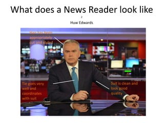 What does a News Reader look like
2
Huw Edwards
Hair has been
appropriately
cut and styled
Suit is clean and
look good
quality
Tie goes very
well and
coordinates
with suit
 