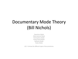 Documentary Mode Theory
(Bill Nichols)
Expository Mode
Observational Mode
Participatory Mode
Performative Mode
Reflexive Mode
Poetic Mode
L/O: to know the different types of documentaries
 