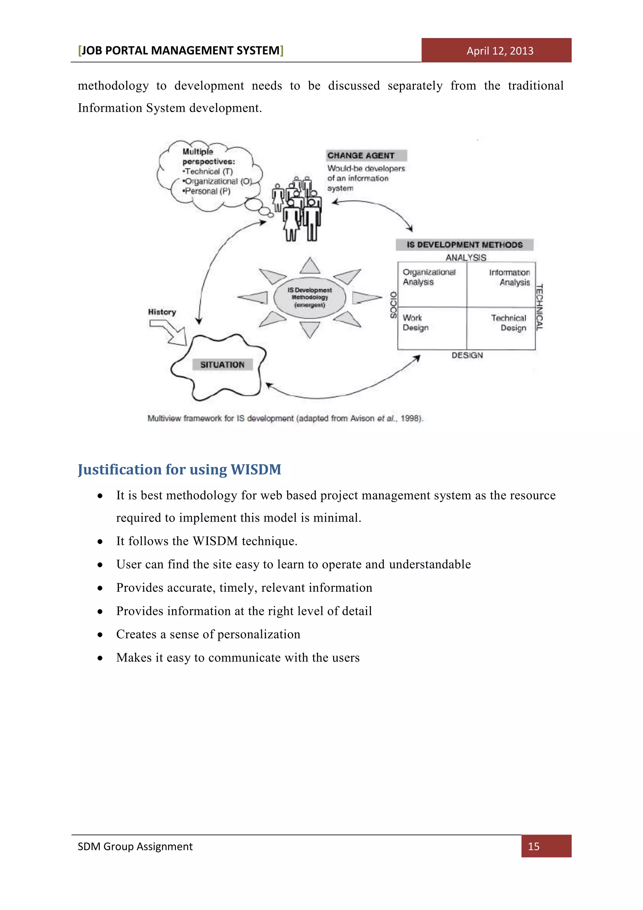 [JOB PORTAL MANAGEMENT SYSTEM]                                         April 12, 2013

methodology to development needs to be discussed separately from the traditional
Information System development.




Justification for using WISDM
      It is best methodology for web based project management system as the resource
      required to implement this model is minimal.
      It follows the WISDM technique.
      User can find the site easy to learn to operate and understandable
      Provides accurate, timely, relevant information
      Provides information at the right level of detail
      Creates a sense of personalization
      Makes it easy to communicate with the users




SDM Group Assignment                                                               15
 