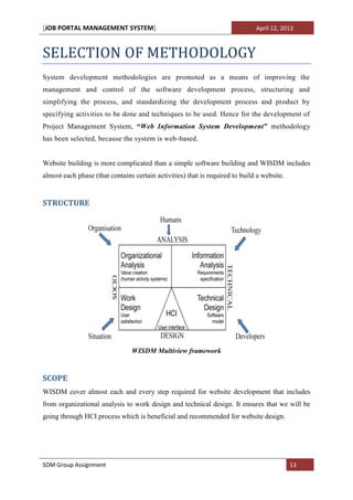 [JOB PORTAL MANAGEMENT SYSTEM]                                                April 12, 2013



SELECTION OF METHODOLOGY
System development methodologies are promoted as a means of improving the
management and control of the software development process, structuring and
simplifying the process, and standardizing the development process and product by
specifying activities to be done and techniques to be used. Hence for the development of
Project Management System, “Web Information System Development” methodology
has been selected, because the system is web-based.


Website building is more complicated than a simple software building and WISDM includes
almost each phase (that contains certain activities) that is required to build a website.


STRUCTURE




                                WISDM Multiview framework


SCOPE
WISDM cover almost each and every step required for website development that includes
from organizational analysis to work design and technical design. It ensures that we will be
going through HCI process which is beneficial and recommended for website design.




SDM Group Assignment                                                                        13
 