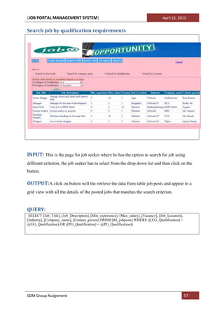[JOB PORTAL MANAGEMENT SYSTEM]                                                       April 12, 2013


Search job by qualification requirements




INPUT: This is the page for job seeker where he has the option to search for job using
different criterion, the job seeker has to select from the drop down list and then click on the
button.

OUTPUT:A click on button will the retrieve the data from table job posts and appear in a
grid view with all the details of the posted jobs that matches the search criterion.


QUERY:
 SELECT [Job_Title], [Job_Description], [Min_experience], [Max_salary], [Vacancy], [Job_Location],
[Industry], [Company_name], [Contact_person] FROM [tbl_jobposts] WHERE (([UG_Qualification] =
@UG_Qualification) OR ([PG_Qualification] = @PG_Qualification))




SDM Group Assignment                                                                                 57
 