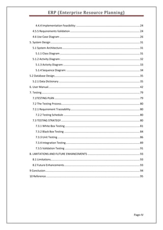 ERP (Enterprise Resource Planning)
Page-IV
4.4.4 Implementation Feasibility: ....................................................................................24
4.5.5 Requirements Validation ............................................................................................24
4.6 Use Case Diagram ..........................................................................................................26
5. System Design......................................................................................................................31
5.1 System Architecture.......................................................................................................31
5.1.1 Class Diagram..........................................................................................................31
5.1.2 Activity Diagram:.........................................................................................................32
5.1.3 Activity Diagram:.....................................................................................................33
5.1.4 Sequence Diagram:.................................................................................................34
5.2 Database Design.................................................................................................................35
5.2.1 Data Dictionary ...........................................................................................................35
6. User Manual.........................................................................................................................42
7. Testing..................................................................................................................................79
7.1TESTING PLAN.................................................................................................................79
7.2 The Testing Process........................................................................................................80
7.2.1 Requirement Traceability............................................................................................80
7.2.2 Testing Schedule .....................................................................................................80
7.3 TESTING STRATEGY ........................................................................................................80
7.3.1 White Box Testing...................................................................................................81
7.3.2 Black Box Testing ....................................................................................................84
7.3.3 Unit Testing.............................................................................................................86
7.3.4 Integration Testing..................................................................................................89
7.3.5 Validation Testing ...................................................................................................91
8. LIMITATIONS AND FUTURE ENHANCEMENTS .....................................................................93
8.1 Limitations......................................................................................................................93
8.2 Future Enhancements....................................................................................................93
9 Conclusion.............................................................................................................................94
10 Reference............................................................................................................................95
 