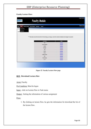 ERP (Enterprise Resource Planning)
Page-64
Faculty Lecture Flow:
Figure 32 Faculty Lecture Flow page
R19: Download Lecture flow
Actor: Faculty
Pre Condition: Must be logon
Input: click on Lecture flow in Task menu
Output: Getting the information of various assignment
Flow:
1. By clicking on lecture flow, he gets the information for download the list of
the lecture flow.
 