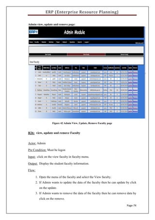 ERP (Enterprise Resource Planning)
Page-74
Admin view, update and remove page:
Figure 42 Admin View, Update, Remove Faculty page
R26: view, update and remove Faculty
Actor: Admin
Pre Condition: Must be logon
Input: click on the view faculty in faculty menu.
Output: Display the student faculty information.
Flow:
1. Open the menu of the faculty and select the View faculty.
2. If Admin wants to update the data of the faculty then he can update by click
on the update.
3. If Admin wants to remove the data of the faculty then he can remove data by
click on the remove.
 