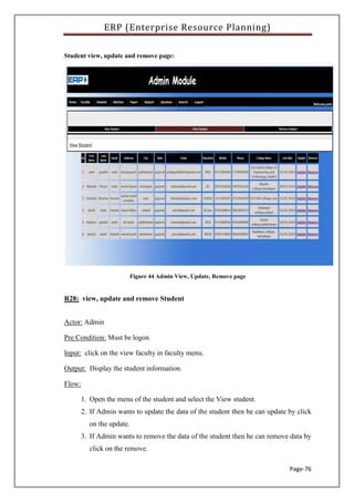 ERP (Enterprise Resource Planning)
Page-76
Student view, update and remove page:
Figure 44 Admin View, Update, Remove page
R28: view, update and remove Student
Actor: Admin
Pre Condition: Must be logon
Input: click on the view faculty in faculty menu.
Output: Display the student information.
Flow:
1. Open the menu of the student and select the View student.
2. If Admin wants to update the data of the student then he can update by click
on the update.
3. If Admin wants to remove the data of the student then he can remove data by
click on the remove.
 