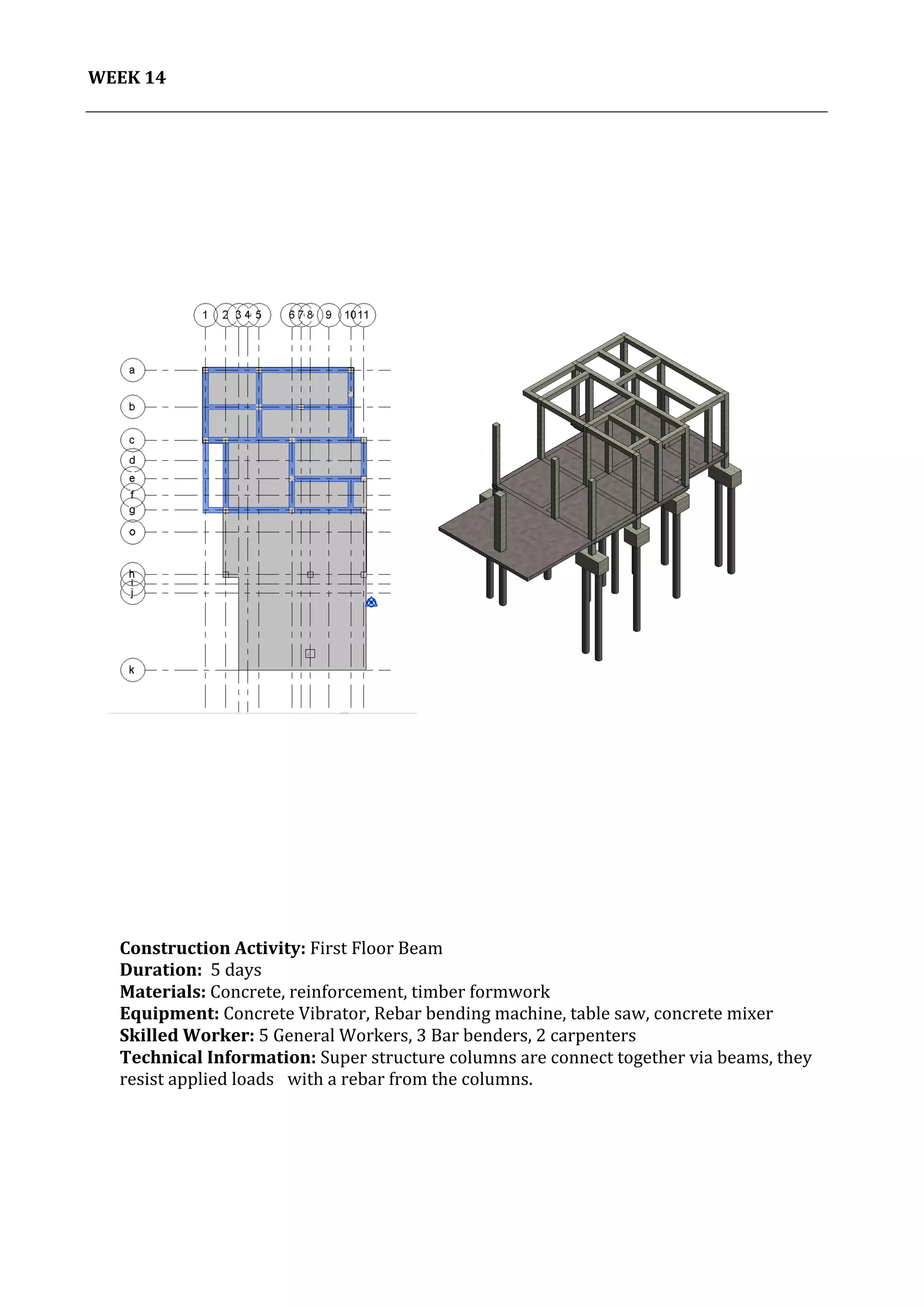 15	
   Project	
  2:	
  Construction	
  Activities	
  and	
  Process	
  |	
  Ibrahim	
  Adhnan	
  0314694	
  
	
  
WEEK	
  14	
  
	
  
	
  
	
  
	
  
	
  
	
  
	
  
	
  
	
   	
  
	
  
Construction	
  Activity:	
  First	
  Floor	
  Beam	
  
Duration:	
  	
  5	
  days	
  
Materials:	
  Concrete,	
  reinforcement,	
  timber	
  formwork	
  	
  	
  	
  	
  	
  	
  	
  	
  	
  	
  	
  	
  	
  	
  	
  	
  	
  	
  	
  	
  	
  	
  	
  	
  	
  	
  	
  	
  	
  	
  	
  	
  	
  	
  	
  	
  	
  	
  	
  	
  	
  	
  	
  	
  	
  	
  	
  	
  	
  	
  	
  	
  	
  	
  	
  	
  	
  	
  	
  	
  	
  	
  	
  	
  	
  	
  	
  	
  	
  	
  	
  	
  	
  	
  	
  	
  	
  	
  	
  	
  	
  	
  	
  	
  	
  	
  	
  	
  	
  	
  	
  
Equipment:	
  Concrete	
  Vibrator,	
  Rebar	
  bending	
  machine,	
  table	
  saw,	
  concrete	
  mixer	
  	
  	
  	
  	
  	
  	
  	
  	
  	
  	
  	
  	
  	
  	
  	
  	
  	
  	
  	
  	
  	
  	
  	
  	
  	
  	
  	
  	
  	
  	
  	
  	
  	
  	
  	
  	
  
Skilled	
  Worker:	
  5	
  General	
  Workers,	
  3	
  Bar	
  benders,	
  2	
  carpenters	
  
Technical	
  Information:	
  Super	
  structure	
  columns	
  are	
  connect	
  together	
  via	
  beams,	
  they	
  
resist	
  applied	
  loads	
  	
   with	
  a	
  rebar	
  from	
  the	
  columns.	
  	
  	
  
	
  
	
  
	
  
 