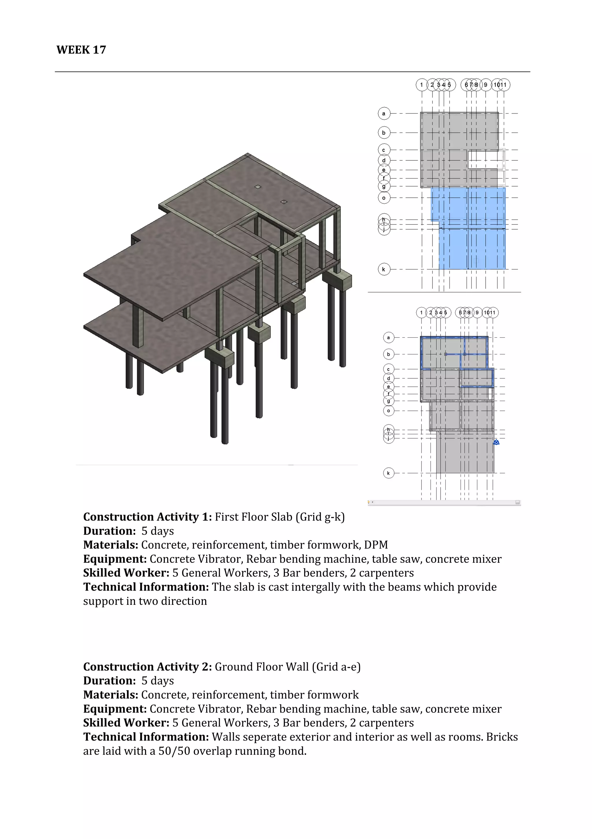 18	
   Project	
  2:	
  Construction	
  Activities	
  and	
  Process	
  |	
  Ibrahim	
  Adhnan	
  0314694	
  
	
  
WEEK	
  17	
  
	
  
	
  
	
  
	
  
	
   	
  
Construction	
  Activity	
  1:	
  First	
  Floor	
  Slab	
  (Grid	
  g-­‐k)	
  
Duration:	
  	
  5	
  days	
  
Materials:	
  Concrete,	
  reinforcement,	
  timber	
  formwork,	
  DPM	
  	
  	
  	
  	
  	
  	
  	
  	
  	
  	
  	
  	
  	
  	
  	
  	
  	
  	
  	
  	
  	
  	
  	
  	
  	
  	
  	
  	
  	
  	
  	
  	
  	
  	
  	
  	
  	
  	
  	
  	
  	
  	
  	
  	
  	
  	
  	
  	
  	
  	
  	
  	
  	
  	
  	
  	
  	
  	
  	
  	
  	
  	
  	
  	
  	
  	
  	
  	
  	
  	
  	
  	
  	
  	
  	
  	
  	
  
Equipment:	
  Concrete	
  Vibrator,	
  Rebar	
  bending	
  machine,	
  table	
  saw,	
  concrete	
  mixer	
  	
  	
  	
  	
  	
  	
  	
  	
  	
  	
  	
  	
  	
  	
  	
  	
  	
  	
  	
  	
  	
  	
  	
  	
  	
  	
  	
  	
  	
  	
  	
  	
  	
  	
  
Skilled	
  Worker:	
  5	
  General	
  Workers,	
  3	
  Bar	
  benders,	
  2	
  carpenters	
  
Technical	
  Information:	
  The	
  slab	
  is	
  cast	
  intergally	
  with	
  the	
  beams	
  which	
  provide	
  
support	
  in	
  two	
  direction	
  
	
  
	
  
	
  
	
  
	
  Construction	
  Activity	
  2:	
  Ground	
  Floor	
  Wall	
  (Grid	
  a-­‐e)	
  
Duration:	
  	
  5	
  days	
  
Materials:	
  Concrete,	
  reinforcement,	
  timber	
  formwork	
  	
  	
  	
  	
  	
  	
  	
  	
  	
  	
  	
  	
  	
  	
  	
  	
  	
  	
  	
  	
  	
  	
  	
  	
  	
  	
  	
  	
  	
  	
  	
  	
  	
  	
  	
  	
  	
  	
  	
  	
  	
  	
  	
  	
  	
  	
  	
  	
  	
  	
  	
  	
  	
  	
  	
  	
  	
  	
  	
  	
  	
  	
  	
  	
  	
  	
  	
  	
  	
  	
  	
  	
  	
  	
  	
  	
  	
  	
  	
  	
  	
  	
  	
  	
  	
  	
  	
  	
  
Equipment:	
  Concrete	
  Vibrator,	
  Rebar	
  bending	
  machine,	
  table	
  saw,	
  concrete	
  mixer	
  	
  	
  	
  	
  	
  	
  	
  	
  	
  	
  	
  	
  	
  	
  	
  	
  	
  	
  	
  	
  	
  	
  	
  	
  	
  	
  	
  	
  	
  	
  	
  	
  	
  	
  
Skilled	
  Worker:	
  5	
  General	
  Workers,	
  3	
  Bar	
  benders,	
  2	
  carpenters	
  
Technical	
  Information:	
  Walls	
  seperate	
  exterior	
  and	
  interior	
  as	
  well	
  as	
  rooms.	
  Bricks	
  
are	
  laid	
  with	
  a	
  50/50	
  overlap	
  running	
  bond.	
  
	
  
	
  
	
  
 