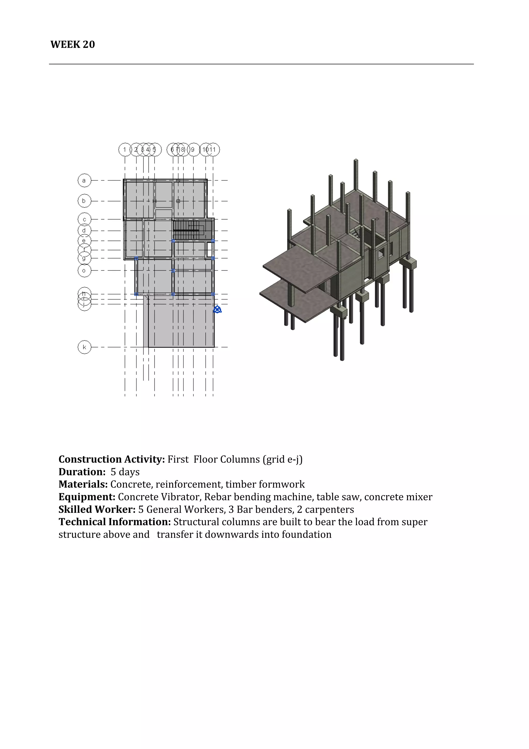 21	
   Project	
  2:	
  Construction	
  Activities	
  and	
  Process	
  |	
  Ibrahim	
  Adhnan	
  0314694	
  
	
  
WEEK	
  20	
  
	
  
	
   	
  
	
  
Construction	
  Activity:	
  First	
  	
  Floor	
  Columns	
  (grid	
  e-­‐j)	
  
Duration:	
  	
  5	
  days	
  
Materials:	
  Concrete,	
  reinforcement,	
  timber	
  formwork	
  	
  	
  	
  	
  	
  	
  	
  	
  	
  	
  	
  	
  	
  	
  	
  	
  	
  	
  	
  	
  	
  	
  	
  	
  	
  	
  	
  	
  	
  	
  	
  	
  	
  	
  	
  	
  	
  	
  	
  	
  	
  	
  	
  	
  	
  	
  	
  	
  	
  	
  	
  	
  	
  	
  	
  	
  	
  	
  	
  	
  	
  	
  	
  	
  	
  	
  	
  	
  	
  	
  	
  	
  	
  	
  	
  	
  	
  	
  	
  	
  	
  	
  	
  	
  	
  	
  	
  	
  	
  	
  	
  	
  
Equipment:	
  Concrete	
  Vibrator,	
  Rebar	
  bending	
  machine,	
  table	
  saw,	
  concrete	
  mixer	
  	
  	
  	
  	
  	
  	
  	
  	
  	
  	
  	
  	
  	
  	
  	
  	
  	
  	
  	
  	
  	
  	
  	
  	
  	
  	
  	
  	
  	
  	
  	
  	
  	
  	
  	
  	
  	
  	
  	
  	
  	
  
Skilled	
  Worker:	
  5	
  General	
  Workers,	
  3	
  Bar	
  benders,	
  2	
  carpenters	
  
Technical	
  Information:	
  Structural	
  columns	
  are	
  built	
  to	
  bear	
  the	
  load	
  from	
  super	
  
structure	
  above	
  and	
  	
  	
  transfer	
  it	
  downwards	
  into	
  foundation	
  
	
  
	
  
	
  
	
  
	
  
 