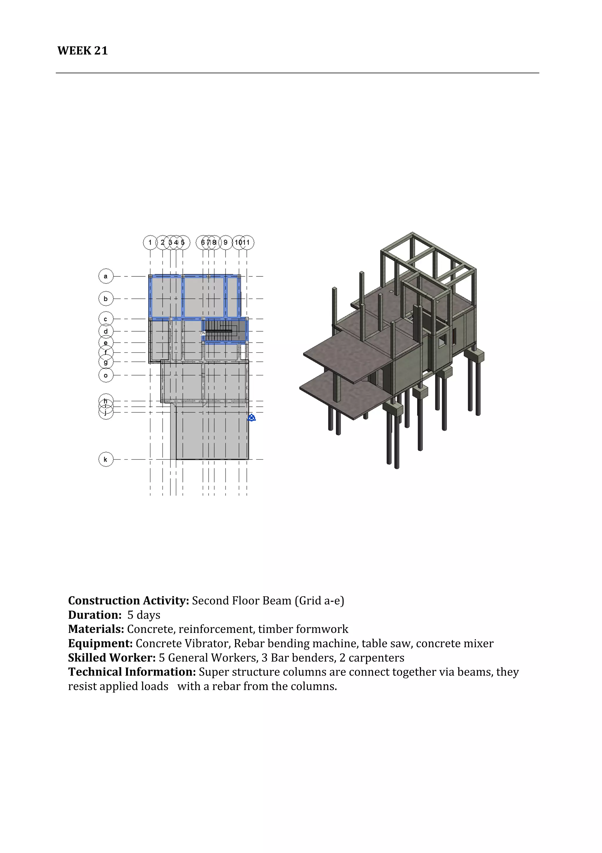22	
   Project	
  2:	
  Construction	
  Activities	
  and	
  Process	
  |	
  Ibrahim	
  Adhnan	
  0314694	
  
	
  
WEEK	
  21	
  
	
  
	
  
	
   	
  
	
  
Construction	
  Activity:	
  Second	
  Floor	
  Beam	
  (Grid	
  a-­‐e)	
  
Duration:	
  	
  5	
  days	
  
Materials:	
  Concrete,	
  reinforcement,	
  timber	
  formwork	
  	
  	
  	
  	
  	
  	
  	
  	
  	
  	
  	
  	
  	
  	
  	
  	
  	
  	
  	
  	
  	
  	
  	
  	
  	
  	
  	
  	
  	
  	
  	
  	
  	
  	
  	
  	
  	
  	
  	
  	
  	
  	
  	
  	
  	
  	
  	
  	
  	
  	
  	
  	
  	
  	
  	
  	
  	
  	
  	
  	
  	
  	
  	
  	
  	
  	
  	
  	
  	
  	
  	
  	
  	
  	
  	
  	
  	
  	
  	
  	
  	
  	
  	
  	
  	
  	
  	
  	
  	
  	
  	
  	
  
Equipment:	
  Concrete	
  Vibrator,	
  Rebar	
  bending	
  machine,	
  table	
  saw,	
  concrete	
  mixer	
  	
  	
  	
  	
  	
  	
  	
  	
  	
  	
  	
  	
  	
  	
  	
  	
  	
  	
  	
  	
  	
  	
  	
  	
  	
  	
  	
  	
  	
  	
  	
  	
  	
  	
  	
  	
  	
  	
  	
  	
  
Skilled	
  Worker:	
  5	
  General	
  Workers,	
  3	
  Bar	
  benders,	
  2	
  carpenters	
  
Technical	
  Information:	
  Super	
  structure	
  columns	
  are	
  connect	
  together	
  via	
  beams,	
  they	
  
resist	
  applied	
  loads	
  	
   with	
  a	
  rebar	
  from	
  the	
  columns.	
  	
  	
  
	
  
	
  
	
  
	
  
	
  
 
