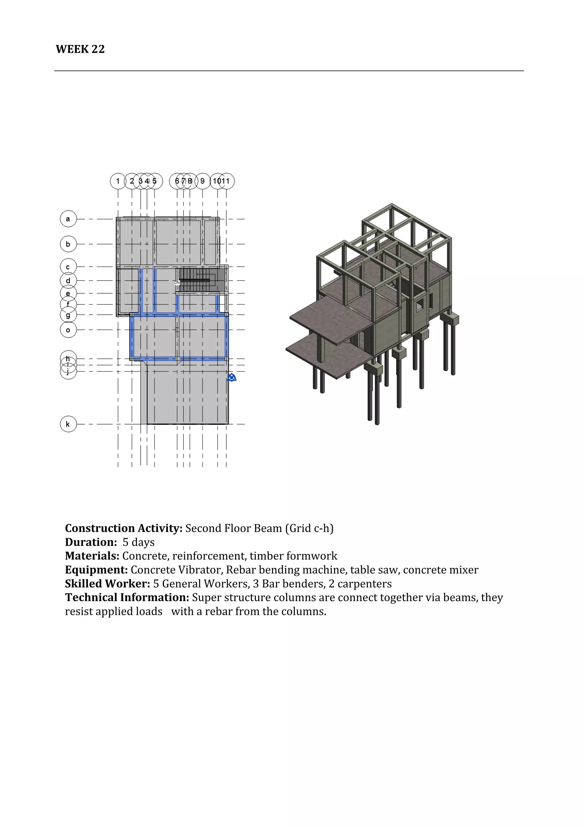 23	
   Project	
  2:	
  Construction	
  Activities	
  and	
  Process	
  |	
  Ibrahim	
  Adhnan	
  0314694	
  
	
  
WEEK	
  22	
  
	
   	
  
	
  
Construction	
  Activity:	
  Second	
  Floor	
  Beam	
  (Grid	
  c-­‐h)	
  
Duration:	
  	
  5	
  days	
  
Materials:	
  Concrete,	
  reinforcement,	
  timber	
  formwork	
  	
  	
  	
  	
  	
  	
  	
  	
  	
  	
  	
  	
  	
  	
  	
  	
  	
  	
  	
  	
  	
  	
  	
  	
  	
  	
  	
  	
  	
  	
  	
  	
  	
  	
  	
  	
  	
  	
  	
  	
  	
  	
  	
  	
  	
  	
  	
  	
  	
  	
  	
  	
  	
  	
  	
  	
  	
  	
  	
  	
  	
  	
  	
  	
  	
  	
  	
  	
  	
  	
  	
  	
  	
  	
  	
  	
  	
  	
  	
  	
  	
  	
  	
  	
  	
  	
  	
  	
  	
  	
  	
  	
  
Equipment:	
  Concrete	
  Vibrator,	
  Rebar	
  bending	
  machine,	
  table	
  saw,	
  concrete	
  mixer	
  	
  	
  	
  	
  	
  	
  	
  	
  	
  	
  	
  	
  	
  	
  	
  	
  	
  	
  	
  	
  	
  	
  	
  	
  	
  	
  	
  	
  	
  	
  	
  	
  	
  	
  	
  	
  	
  	
  	
  	
  
Skilled	
  Worker:	
  5	
  General	
  Workers,	
  3	
  Bar	
  benders,	
  2	
  carpenters	
  
Technical	
  Information:	
  Super	
  structure	
  columns	
  are	
  connect	
  together	
  via	
  beams,	
  they	
  
resist	
  applied	
  loads	
  	
   with	
  a	
  rebar	
  from	
  the	
  columns.	
  	
  	
  
	
  
	
  
	
  
	
  
	
  
 