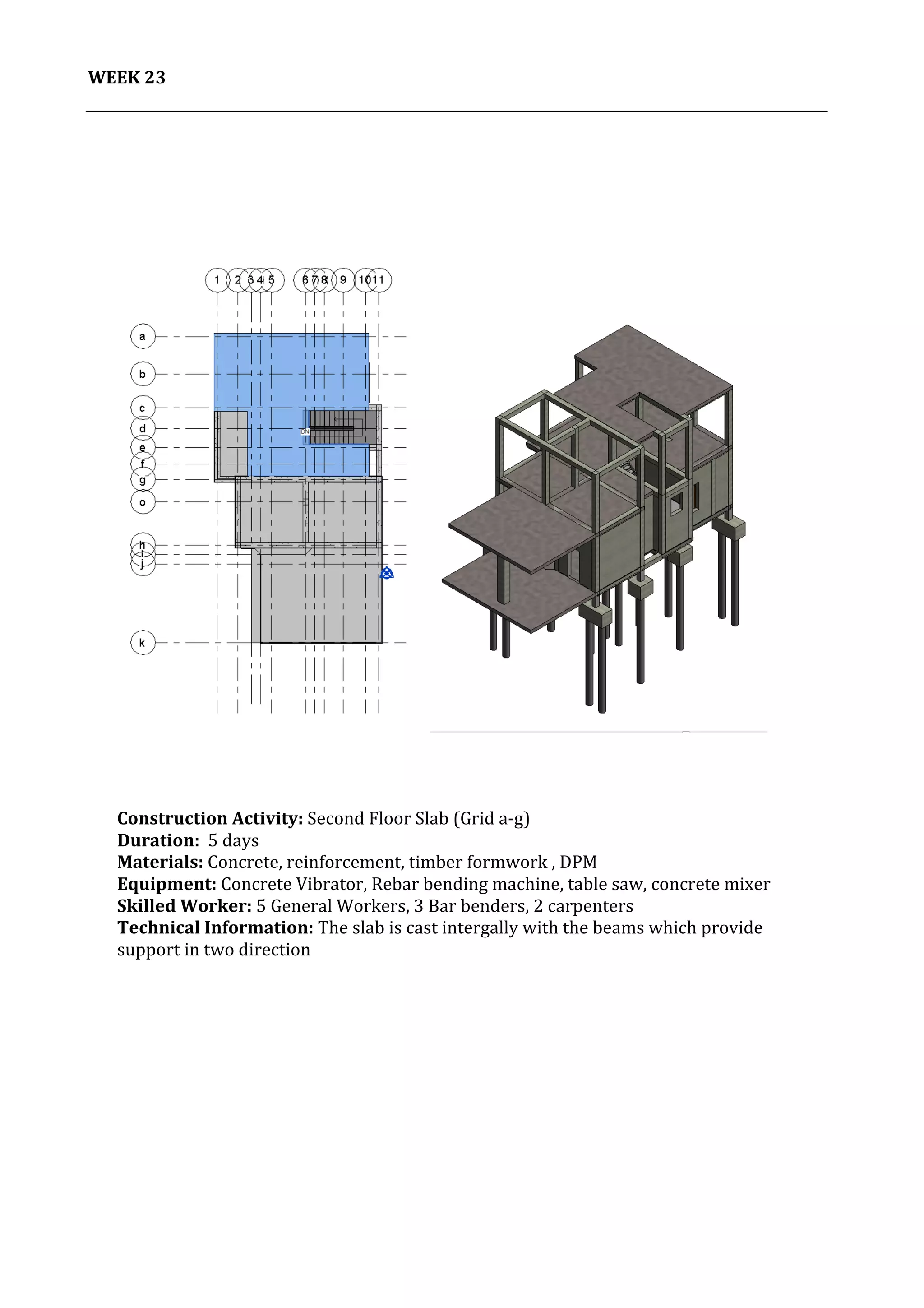 24	
   Project	
  2:	
  Construction	
  Activities	
  and	
  Process	
  |	
  Ibrahim	
  Adhnan	
  0314694	
  
	
  
WEEK	
  23	
  
	
  
	
  
	
  
	
  
	
  
	
  
	
  
	
  
	
  
	
  
	
  
	
  
	
  
	
  
	
  
	
  
	
  
	
  
	
  
	
  
	
  
	
  
	
  
	
  
	
  
	
  
	
  
	
  
	
  
	
  
	
  
	
  
	
  
	
  
	
  
	
  
	
  
	
  
	
  
	
  
	
  
	
  
Construction	
  Activity:	
  Second	
  Floor	
  Slab	
  (Grid	
  a-­‐g)	
  
Duration:	
  	
  5	
  days	
  
Materials:	
  Concrete,	
  reinforcement,	
  timber	
  formwork	
  ,	
  DPM	
  	
  	
  	
  	
  	
  	
  	
  	
  	
  	
  	
  	
  	
  	
  	
  	
  	
  	
  	
  	
  	
  	
  	
  	
  	
  	
  	
  	
  	
  	
  	
  	
  	
  	
  	
  	
  	
  	
  	
  	
  	
  	
  	
  	
  	
  	
  	
  	
  	
  	
  	
  	
  	
  	
  	
  	
  	
  	
  	
  	
  	
  	
  	
  	
  	
  	
  	
  	
  	
  	
  	
  	
  	
  	
  	
  	
  	
  	
  	
  
Equipment:	
  Concrete	
  Vibrator,	
  Rebar	
  bending	
  machine,	
  table	
  saw,	
  concrete	
  mixer	
  	
  	
  	
  	
  	
  	
  	
  	
  	
  	
  	
  	
  	
  	
  	
  	
  	
  	
  	
  	
  	
  	
  	
  	
  	
  	
  	
  	
  	
  	
  	
  	
  	
  	
  	
  	
  	
  
Skilled	
  Worker:	
  5	
  General	
  Workers,	
  3	
  Bar	
  benders,	
  2	
  carpenters	
  
Technical	
  Information:	
  The	
  slab	
  is	
  cast	
  intergally	
  with	
  the	
  beams	
  which	
  provide	
  
support	
  in	
  two	
  direction	
  
	
  
	
  
	
  
	
  
	
  
 