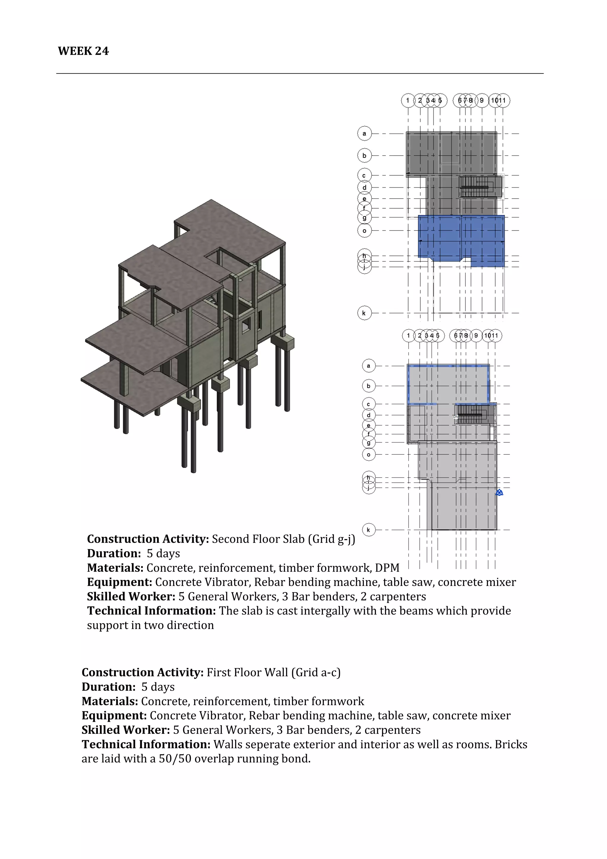 25	
   Project	
  2:	
  Construction	
  Activities	
  and	
  Process	
  |	
  Ibrahim	
  Adhnan	
  0314694	
  
	
  
WEEK	
  24	
  
	
  
	
  
	
  
	
   	
  
Construction	
  Activity:	
  First	
  Floor	
  Wall	
  (Grid	
  a-­‐c)	
  
Duration:	
  	
  5	
  days	
  
Materials:	
  Concrete,	
  reinforcement,	
  timber	
  formwork	
  	
  	
  	
  	
  	
  	
  	
  	
  	
  	
  	
  	
  	
  	
  	
  	
  	
  	
  	
  	
  	
  	
  	
  	
  	
  	
  	
  	
  	
  	
  	
  	
  	
  	
  	
  	
  	
  	
  	
  	
  	
  	
  	
  	
  	
  	
  	
  	
  	
  	
  	
  	
  	
  	
  	
  	
  	
  	
  	
  	
  	
  	
  	
  	
  	
  	
  	
  	
  	
  	
  	
  	
  	
  	
  	
  	
  	
  	
  	
  	
  	
  	
  	
  	
  	
  	
  	
  	
  	
  	
  
Equipment:	
  Concrete	
  Vibrator,	
  Rebar	
  bending	
  machine,	
  table	
  saw,	
  concrete	
  mixer	
  	
  	
  	
  	
  	
  	
  	
  	
  	
  	
  	
  	
  	
  	
  	
  	
  	
  	
  	
  	
  	
  	
  	
  	
  	
  	
  	
  	
  	
  	
  	
  	
  	
  	
  	
  
Skilled	
  Worker:	
  5	
  General	
  Workers,	
  3	
  Bar	
  benders,	
  2	
  carpenters	
  
Technical	
  Information:	
  Walls	
  seperate	
  exterior	
  and	
  interior	
  as	
  well	
  as	
  rooms.	
  Bricks	
  
are	
  laid	
  with	
  a	
  50/50	
  overlap	
  running	
  bond.	
  
	
  
	
  
	
  
	
  
	
  
	
  
Construction	
  Activity:	
  Second	
  Floor	
  Slab	
  (Grid	
  g-­‐j)	
  
Duration:	
  	
  5	
  days	
  
Materials:	
  Concrete,	
  reinforcement,	
  timber	
  formwork,	
  DPM	
  	
  	
  	
  	
  	
  	
  	
  	
  	
  	
  	
  	
  	
  	
  	
  	
  	
  	
  	
  	
  	
  	
  	
  	
  	
  	
  	
  	
  	
  	
  	
  	
  	
  	
  	
  	
  	
  	
  	
  	
  	
  	
  	
  	
  	
  	
  	
  	
  	
  	
  	
  	
  	
  	
  	
  	
  	
  	
  	
  	
  	
  	
  	
  	
  	
  	
  	
  	
  	
  	
  	
  	
  	
  	
  	
  	
  
Equipment:	
  Concrete	
  Vibrator,	
  Rebar	
  bending	
  machine,	
  table	
  saw,	
  concrete	
  mixer	
  	
  	
  	
  	
  	
  	
  	
  	
  	
  	
  	
  	
  	
  	
  	
  	
  	
  	
  	
  	
  	
  	
  	
  	
  	
  	
  	
  	
  	
  	
  	
  	
  	
  
Skilled	
  Worker:	
  5	
  General	
  Workers,	
  3	
  Bar	
  benders,	
  2	
  carpenters	
  
Technical	
  Information:	
  The	
  slab	
  is	
  cast	
  intergally	
  with	
  the	
  beams	
  which	
  provide	
  
support	
  in	
  two	
  direction	
  
	
  
	
  
	
  
	
  
	
  
 