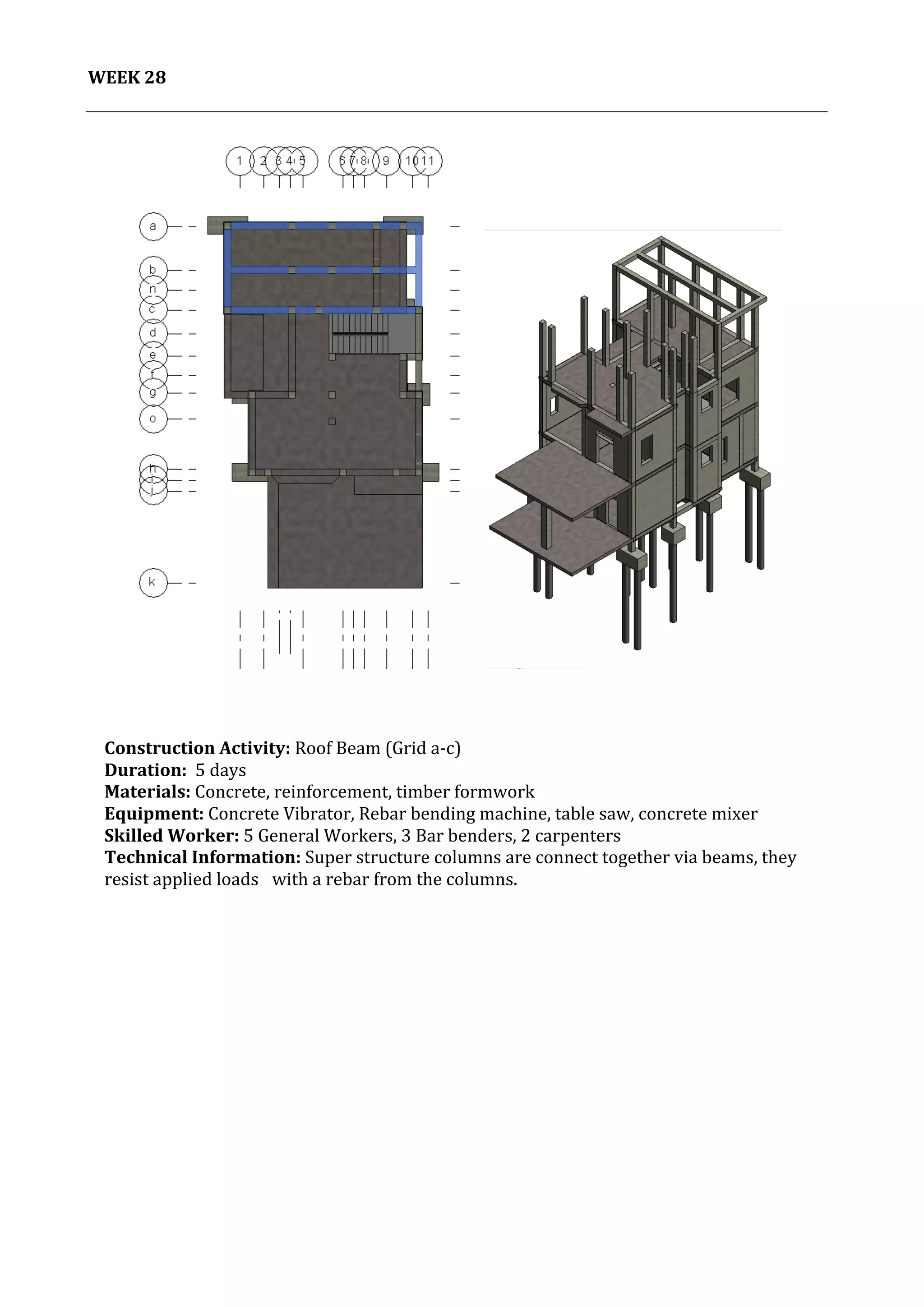 29	
   Project	
  2:	
  Construction	
  Activities	
  and	
  Process	
  |	
  Ibrahim	
  Adhnan	
  0314694	
  
	
  
WEEK	
  28	
   	
  
	
  
	
  
	
  
	
   	
  
	
  
	
  
Construction	
  Activity:	
  Roof	
  Beam	
  (Grid	
  a-­‐c)	
  
Duration:	
  	
  5	
  days	
  
Materials:	
  Concrete,	
  reinforcement,	
  timber	
  formwork	
  	
  	
  	
  	
  	
  	
  	
  	
  	
  	
  	
  	
  	
  	
  	
  	
  	
  	
  	
  	
  	
  	
  	
  	
  	
  	
  	
  	
  	
  	
  	
  	
  	
  	
  	
  	
  	
  	
  	
  	
  	
  	
  	
  	
  	
  	
  	
  	
  	
  	
  	
  	
  	
  	
  	
  	
  	
  	
  	
  	
  	
  	
  	
  	
  	
  	
  	
  	
  	
  	
  	
  	
  	
  	
  	
  	
  	
  	
  	
  	
  	
  	
  	
  	
  	
  	
  	
  	
  	
  	
  	
  	
  
Equipment:	
  Concrete	
  Vibrator,	
  Rebar	
  bending	
  machine,	
  table	
  saw,	
  concrete	
  mixer	
  	
  	
  	
  	
  	
  	
  	
  	
  	
  	
  	
  	
  	
  	
  	
  	
  	
  	
  	
  	
  	
  	
  	
  	
  	
  	
  	
  	
  	
  	
  	
  	
  	
  	
  	
  	
  	
  	
  	
  	
  
Skilled	
  Worker:	
  5	
  General	
  Workers,	
  3	
  Bar	
  benders,	
  2	
  carpenters	
  
Technical	
  Information:	
  Super	
  structure	
  columns	
  are	
  connect	
  together	
  via	
  beams,	
  they	
  
resist	
  applied	
  loads	
  	
   with	
  a	
  rebar	
  from	
  the	
  columns.	
  	
  	
  
	
  
	
  
	
  
	
  
	
  
 