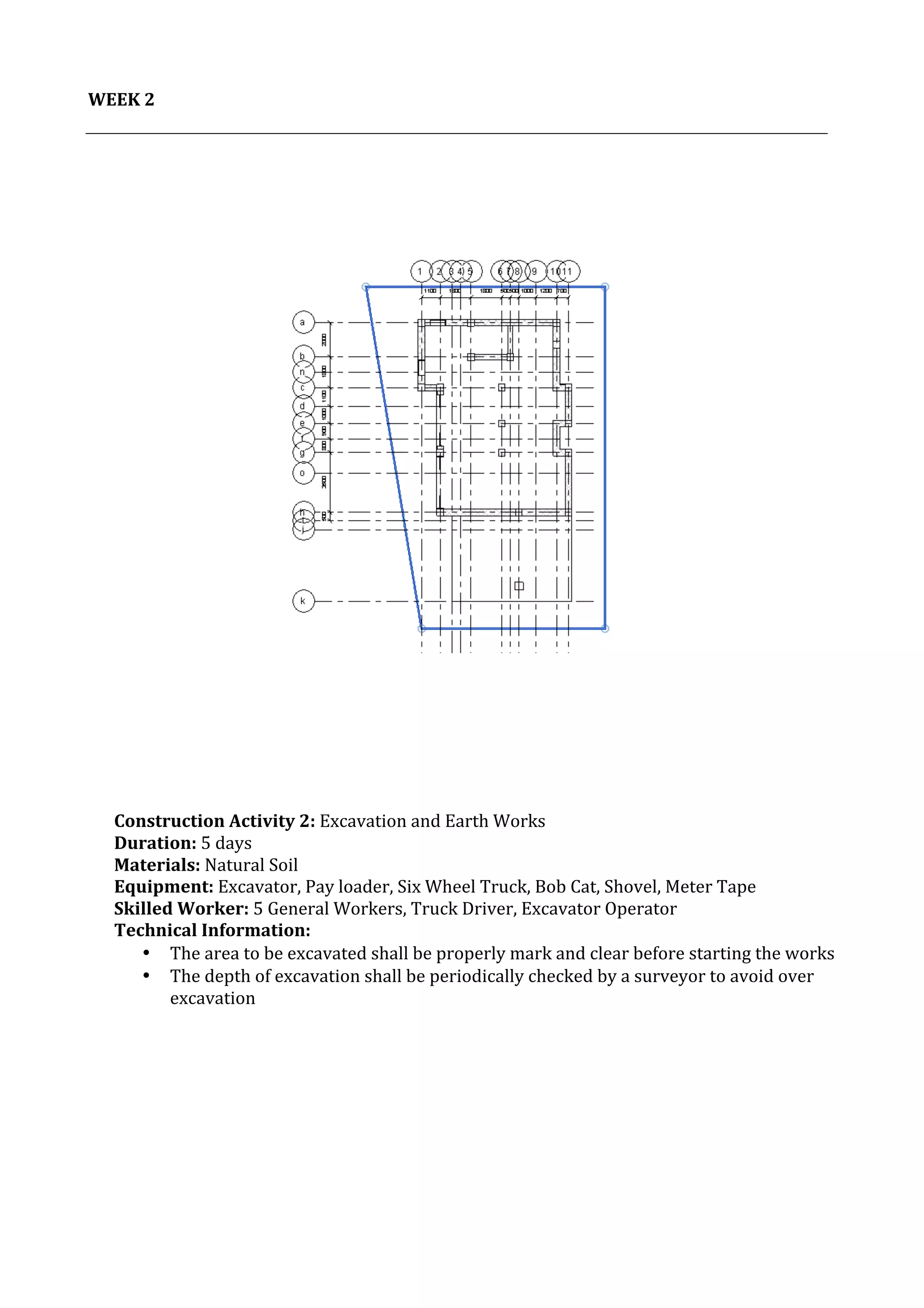 3	
   Project	
  2:	
  Construction	
  Activities	
  and	
  Process	
  |	
  Ibrahim	
  Adhnan	
  0314694	
  
	
  
	
  
WEEK	
  2	
  
	
  
	
  
	
  
	
  
	
  
	
  
	
  
	
  
	
  
	
  
	
  
	
  
	
  
	
  
	
  
	
  
	
  
	
  
	
  
	
  
	
  
	
  
	
  
	
  
	
  
	
  
	
  
	
  
	
  
	
  
	
  
	
  
	
  
	
  
	
  
	
  
	
  
	
  
	
  
	
  
	
  
	
  
	
  
	
  
	
  
	
  
	
  
	
  
	
  
	
  
	
  
	
  
Construction	
  Activity	
  2:	
  Excavation	
  and	
  Earth	
  Works	
  
Duration:	
  5	
  days	
  
Materials:	
  Natural	
  Soil	
  
Equipment:	
  Excavator,	
  Pay	
  loader,	
  Six	
  Wheel	
  Truck,	
  Bob	
  Cat,	
  Shovel,	
  Meter	
  Tape	
  
Skilled	
  Worker:	
  5	
  General	
  Workers,	
  Truck	
  Driver,	
  Excavator	
  Operator	
  
Technical	
  Information:	
  	
  
• The	
  area	
  to	
  be	
  excavated	
  shall	
  be	
  properly	
  mark	
  and	
  clear	
  before	
  starting	
  the	
  works	
  
• The	
  depth	
  of	
  excavation	
  shall	
  be	
  periodically	
  checked	
  by	
  a	
  surveyor	
  to	
  avoid	
  over	
  
excavation	
  
	
  
	
  
 