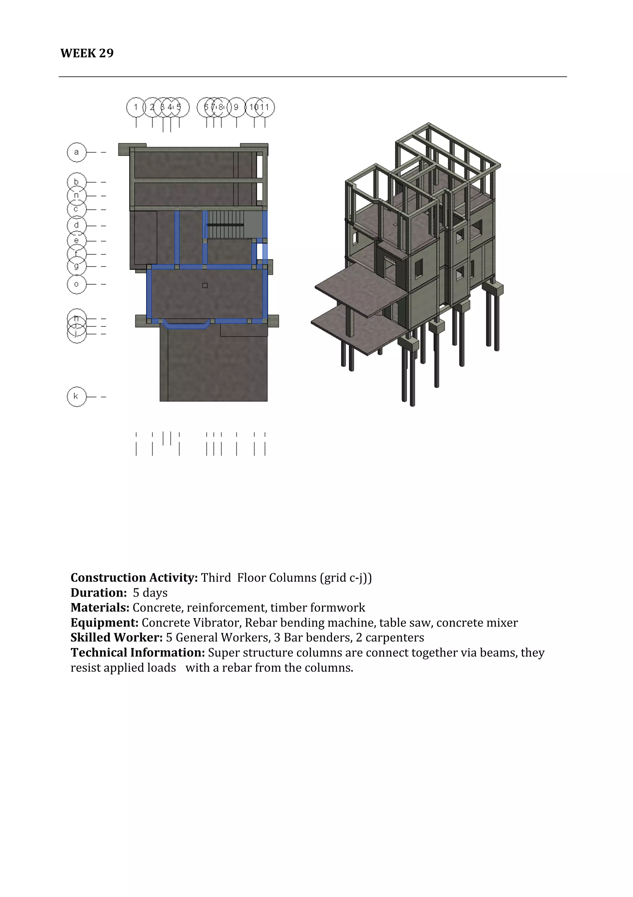 30	
   Project	
  2:	
  Construction	
  Activities	
  and	
  Process	
  |	
  Ibrahim	
  Adhnan	
  0314694	
  
	
  
WEEK	
  29	
  
	
  
	
   	
  
	
  
Construction	
  Activity:	
  Third	
  	
  Floor	
  Columns	
  (grid	
  c-­‐j))	
  
Duration:	
  	
  5	
  days	
  
Materials:	
  Concrete,	
  reinforcement,	
  timber	
  formwork	
  	
  	
  	
  	
  	
  	
  	
  	
  	
  	
  	
  	
  	
  	
  	
  	
  	
  	
  	
  	
  	
  	
  	
  	
  	
  	
  	
  	
  	
  	
  	
  	
  	
  	
  	
  	
  	
  	
  	
  	
  	
  	
  	
  	
  	
  	
  	
  	
  	
  	
  	
  	
  	
  	
  	
  	
  	
  	
  	
  	
  	
  	
  	
  	
  	
  	
  	
  	
  	
  	
  	
  	
  	
  	
  	
  	
  	
  	
  	
  	
  	
  	
  	
  	
  	
  	
  	
  	
  	
  	
  	
  	
  
Equipment:	
  Concrete	
  Vibrator,	
  Rebar	
  bending	
  machine,	
  table	
  saw,	
  concrete	
  mixer	
  	
  	
  	
  	
  	
  	
  	
  	
  	
  	
  	
  	
  	
  	
  	
  	
  	
  	
  	
  	
  	
  	
  	
  	
  	
  	
  	
  	
  	
  	
  	
  	
  	
  	
  	
  	
  	
  	
  	
  	
  
Skilled	
  Worker:	
  5	
  General	
  Workers,	
  3	
  Bar	
  benders,	
  2	
  carpenters	
  
Technical	
  Information:	
  Super	
  structure	
  columns	
  are	
  connect	
  together	
  via	
  beams,	
  they	
  
resist	
  applied	
  loads	
  	
   with	
  a	
  rebar	
  from	
  the	
  columns.	
  	
  	
  
	
  
	
  
	
  
	
  
	
  
 