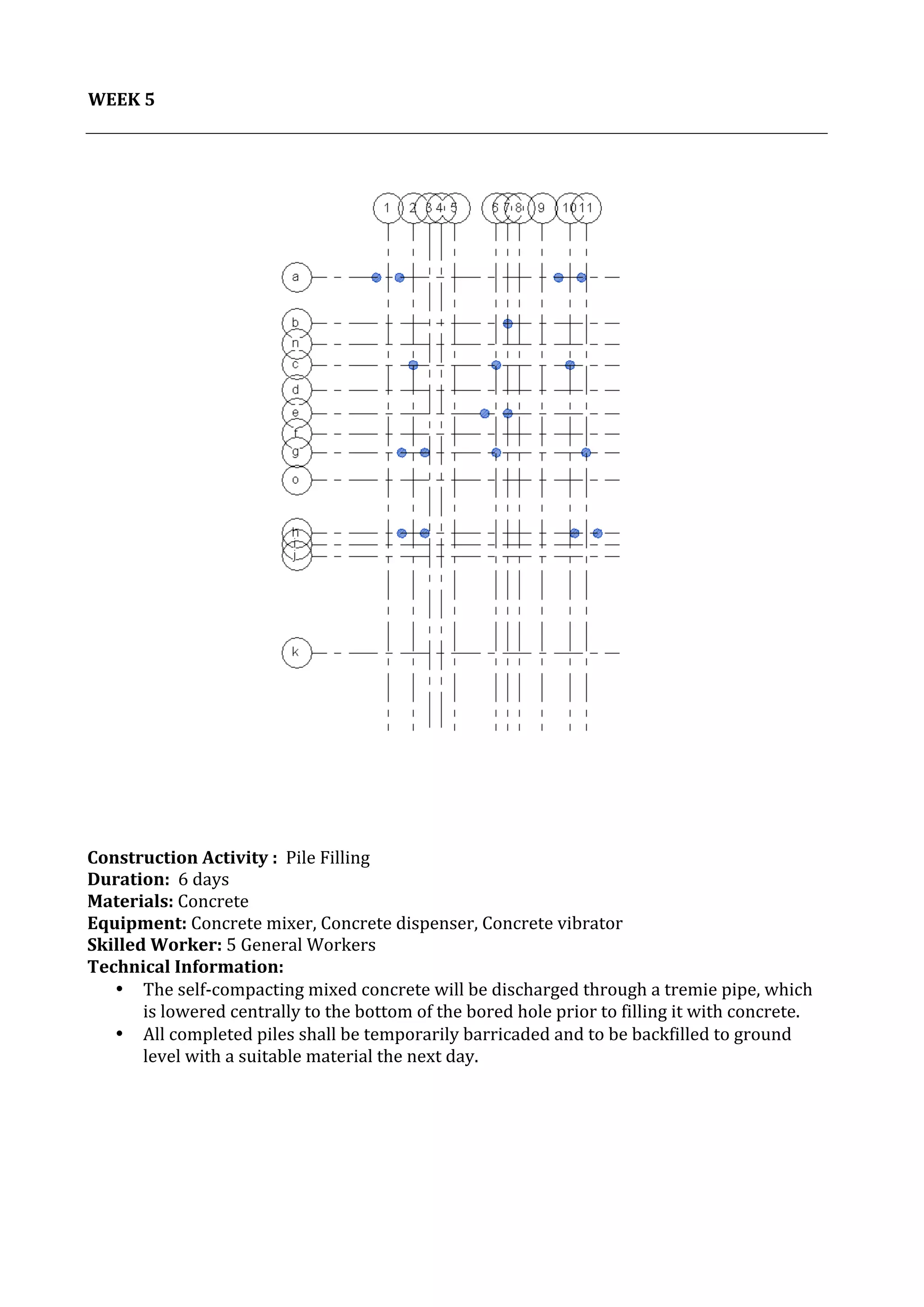 6	
   Project	
  2:	
  Construction	
  Activities	
  and	
  Process	
  |	
  Ibrahim	
  Adhnan	
  0314694	
  
	
  
	
  
WEEK	
  5	
  
	
  
	
  
	
  
	
  
	
  
	
  
	
  
	
  
	
  
	
  
	
  
	
  
	
  
	
  
	
  
	
  
	
  
	
  
	
  
	
  
	
  
	
  
	
  
	
  
	
  
	
   	
  
	
  
	
  
	
  
	
  
	
  
	
  
	
  
	
  
	
  
	
  
	
  
	
  
Construction	
  Activity	
  :	
  	
  Pile	
  Filling	
   	
  
Duration:	
  	
  6	
  days	
  
Materials:	
  Concrete	
  
Equipment:	
  Concrete	
  mixer,	
  Concrete	
  dispenser,	
  Concrete	
  vibrator	
  	
  	
  	
  	
  	
  	
  	
  	
  	
  	
  	
  	
  	
  	
  	
  	
  	
  	
  	
  	
  	
  	
  	
  	
  	
  	
  	
  	
  	
  	
  	
  	
  	
  	
  	
  	
  	
  	
  	
  	
  	
  	
  	
  	
  	
  	
  	
  	
  	
  	
  	
  	
  	
  	
  	
  	
  	
  	
  	
  	
  	
  	
  	
  	
  	
  	
  	
  	
  	
  	
  	
  	
  	
  
Skilled	
  Worker:	
  5	
  General	
  Workers	
  
Technical	
  Information:	
  
• The	
  self-­‐compacting	
  mixed	
  concrete	
  will	
  be	
  discharged	
  through	
  a	
  tremie	
  pipe,	
  which	
  
is	
  lowered	
  centrally	
  to	
  the	
  bottom	
  of	
  the	
  bored	
  hole	
  prior	
  to	
  filling	
  it	
  with	
  concrete.	
  
• All	
  completed	
  piles	
  shall	
  be	
  temporarily	
  barricaded	
  and	
  to	
  be	
  backfilled	
  to	
  ground	
  
level	
  with	
  a	
  suitable	
  material	
  the	
  next	
  day.	
  
	
  	
  
	
  
	
  
	
  
	
  
 