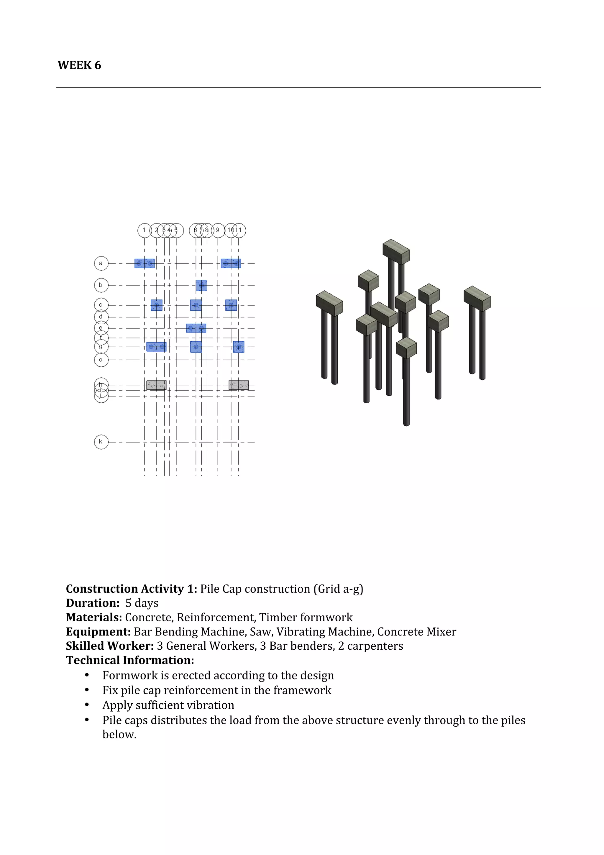 7	
   Project	
  2:	
  Construction	
  Activities	
  and	
  Process	
  |	
  Ibrahim	
  Adhnan	
  0314694	
  
	
  
	
  
WEEK	
  6	
  
	
  
	
  
	
  
	
  
	
  
	
  
	
  
	
  
	
  
	
  
	
  
	
  
	
  
	
  
	
  
	
  
	
  
	
  
	
  
	
  
	
  
	
  
	
  
	
  
	
  
	
  
	
  
	
  
	
  
	
  
	
  
	
  
	
  
	
  
	
  
	
  
	
  
	
  
	
  
Construction	
  Activity	
  1:	
  Pile	
  Cap	
  construction	
  (Grid	
  a-­‐g)	
  
Duration:	
  	
  5	
  days	
  
Materials:	
  Concrete,	
  Reinforcement,	
  Timber	
  formwork	
  
Equipment:	
  Bar	
  Bending	
  Machine,	
  Saw,	
  Vibrating	
  Machine,	
  Concrete	
  Mixer	
  
Skilled	
  Worker:	
  3	
  General	
  Workers,	
  3	
  Bar	
  benders,	
  2	
  carpenters	
  
Technical	
  Information:	
  
• Formwork	
  is	
  erected	
  according	
  to	
  the	
  design	
  
• Fix	
  pile	
  cap	
  reinforcement	
  in	
  the	
  framework	
  
• Apply	
  sufficient	
  vibration	
  	
  
• Pile	
  caps	
  distributes	
  the	
  load	
  from	
  the	
  above	
  structure	
  evenly	
  through	
  to	
  the	
  piles	
  
below.	
  
	
  
	
  
	
  
 