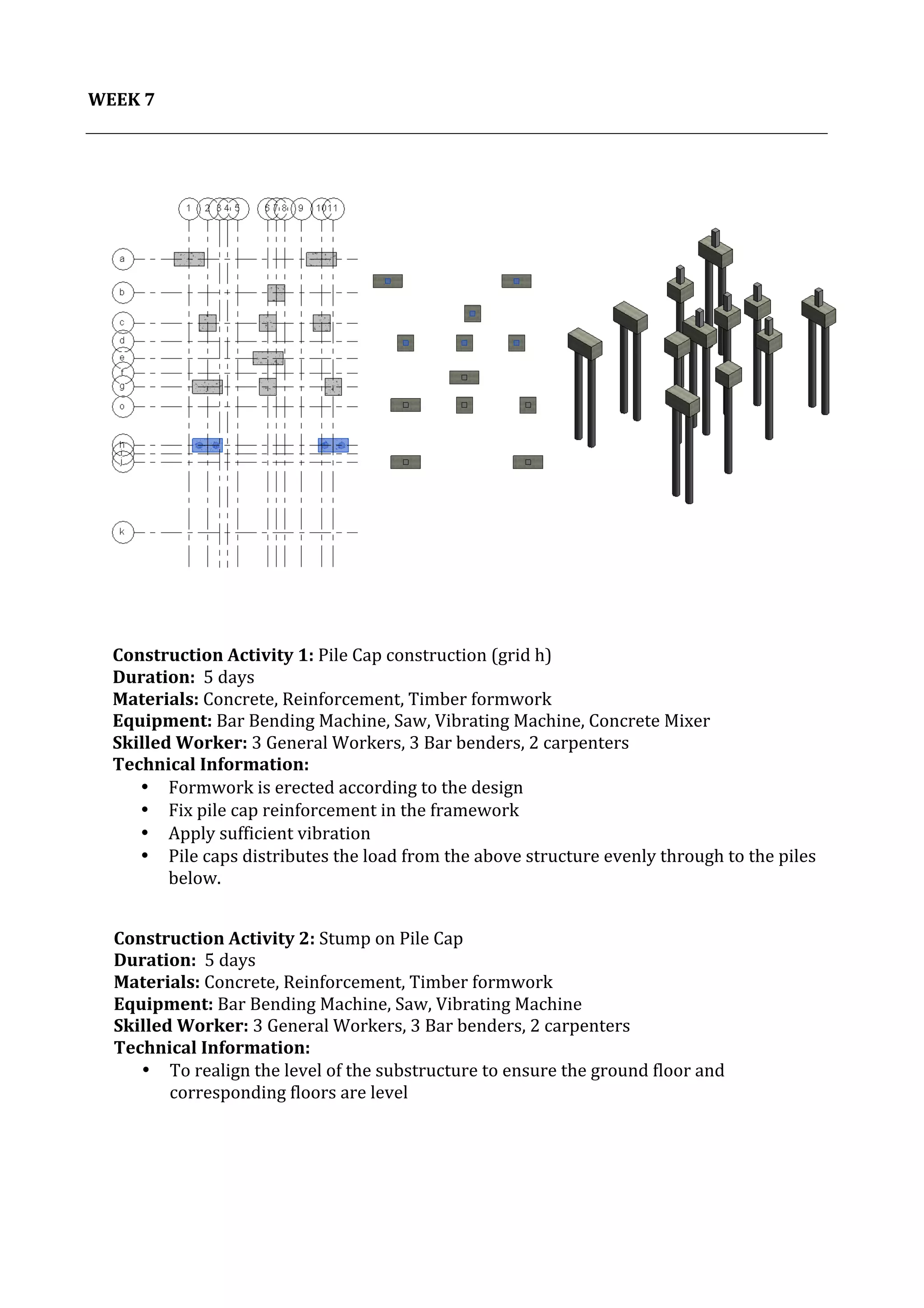 8	
   Project	
  2:	
  Construction	
  Activities	
  and	
  Process	
  |	
  Ibrahim	
  Adhnan	
  0314694	
  
	
  
	
  
WEEK	
  7	
  
	
  
	
  
	
  
	
  
	
  
	
  
	
  
	
  
	
  
	
  
	
  
	
  
	
  
	
  
	
  
	
  
	
  
	
  
	
  
	
  
	
  
	
  
	
  
	
  
	
   	
  
	
  
Construction	
  Activity	
  2:	
  Stump	
  on	
  Pile	
  Cap	
  
Duration:	
  	
  5	
  days	
  
Materials:	
  Concrete,	
  Reinforcement,	
  Timber	
  formwork	
  
Equipment:	
  Bar	
  Bending	
  Machine,	
  Saw,	
  Vibrating	
  Machine	
  
Skilled	
  Worker:	
  3	
  General	
  Workers,	
  3	
  Bar	
  benders,	
  2	
  carpenters	
  
Technical	
  Information:	
  
• To	
  realign	
  the	
  level	
  of	
  the	
  substructure	
  to	
  ensure	
  the	
  ground	
  floor	
  and	
  	
  
corresponding	
  floors	
  are	
  level	
  
	
  
	
  
	
  
Construction	
  Activity	
  1:	
  Pile	
  Cap	
  construction	
  (grid	
  h)	
  
Duration:	
  	
  5	
  days	
  
Materials:	
  Concrete,	
  Reinforcement,	
  Timber	
  formwork	
  
Equipment:	
  Bar	
  Bending	
  Machine,	
  Saw,	
  Vibrating	
  Machine,	
  Concrete	
  Mixer	
  
Skilled	
  Worker:	
  3	
  General	
  Workers,	
  3	
  Bar	
  benders,	
  2	
  carpenters	
  
Technical	
  Information:	
  
• Formwork	
  is	
  erected	
  according	
  to	
  the	
  design	
  
• Fix	
  pile	
  cap	
  reinforcement	
  in	
  the	
  framework	
  
• Apply	
  sufficient	
  vibration	
  	
  
• Pile	
  caps	
  distributes	
  the	
  load	
  from	
  the	
  above	
  structure	
  evenly	
  through	
  to	
  the	
  piles	
  
below.	
  
	
  
	
  
	
  
 