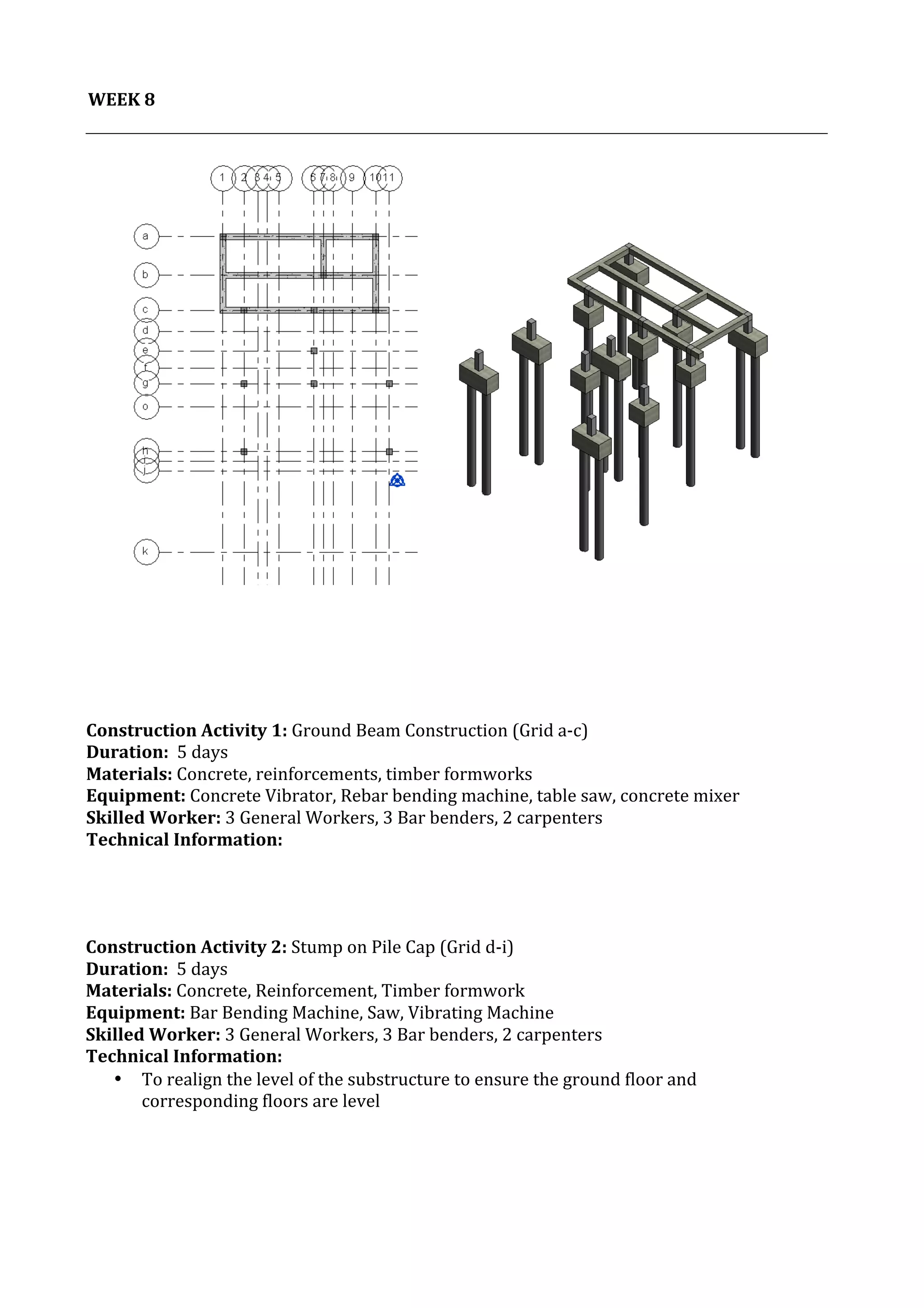 9	
   Project	
  2:	
  Construction	
  Activities	
  and	
  Process	
  |	
  Ibrahim	
  Adhnan	
  0314694	
  
	
  
	
  
WEEK	
  8	
  
	
  
	
  
	
  
	
  
	
  
	
  
	
  
	
  
	
  
	
  
	
  
	
  
	
  
	
  
	
  
	
  
	
  
	
  
	
  
	
  
	
  
	
  
	
  
	
  
	
  
	
  
	
  
	
  
	
  
Construction	
  Activity	
  1:	
  Ground	
  Beam	
  Construction	
  (Grid	
  a-­‐c)	
  
Duration:	
  	
  5	
  days	
  
Materials:	
  Concrete,	
  reinforcements,	
  timber	
  formworks	
  
Equipment:	
  Concrete	
  Vibrator,	
  Rebar	
  bending	
  machine,	
  table	
  saw,	
  concrete	
  mixer	
  	
  	
  	
  	
  	
  	
  	
  	
  	
  	
  	
  	
  	
  	
  	
  	
  	
  	
  	
  	
  	
  	
  	
  	
  	
  	
  	
  	
  	
  	
  	
  	
  	
  	
  	
  	
  	
  	
  	
  	
  	
  	
  	
  	
  
Skilled	
  Worker:	
  3	
  General	
  Workers,	
  3	
  Bar	
  benders,	
  2	
  carpenters	
  
Technical	
  Information:	
  
	
  
	
  
	
  
	
  
Construction	
  Activity	
  2:	
  Stump	
  on	
  Pile	
  Cap	
  (Grid	
  d-­‐i)	
  
Duration:	
  	
  5	
  days	
  
Materials:	
  Concrete,	
  Reinforcement,	
  Timber	
  formwork	
  
Equipment:	
  Bar	
  Bending	
  Machine,	
  Saw,	
  Vibrating	
  Machine	
  
Skilled	
  Worker:	
  3	
  General	
  Workers,	
  3	
  Bar	
  benders,	
  2	
  carpenters	
  
Technical	
  Information:	
  
• To	
  realign	
  the	
  level	
  of	
  the	
  substructure	
  to	
  ensure	
  the	
  ground	
  floor	
  and	
  	
  
corresponding	
  floors	
  are	
  level	
  
	
  
	
  
 