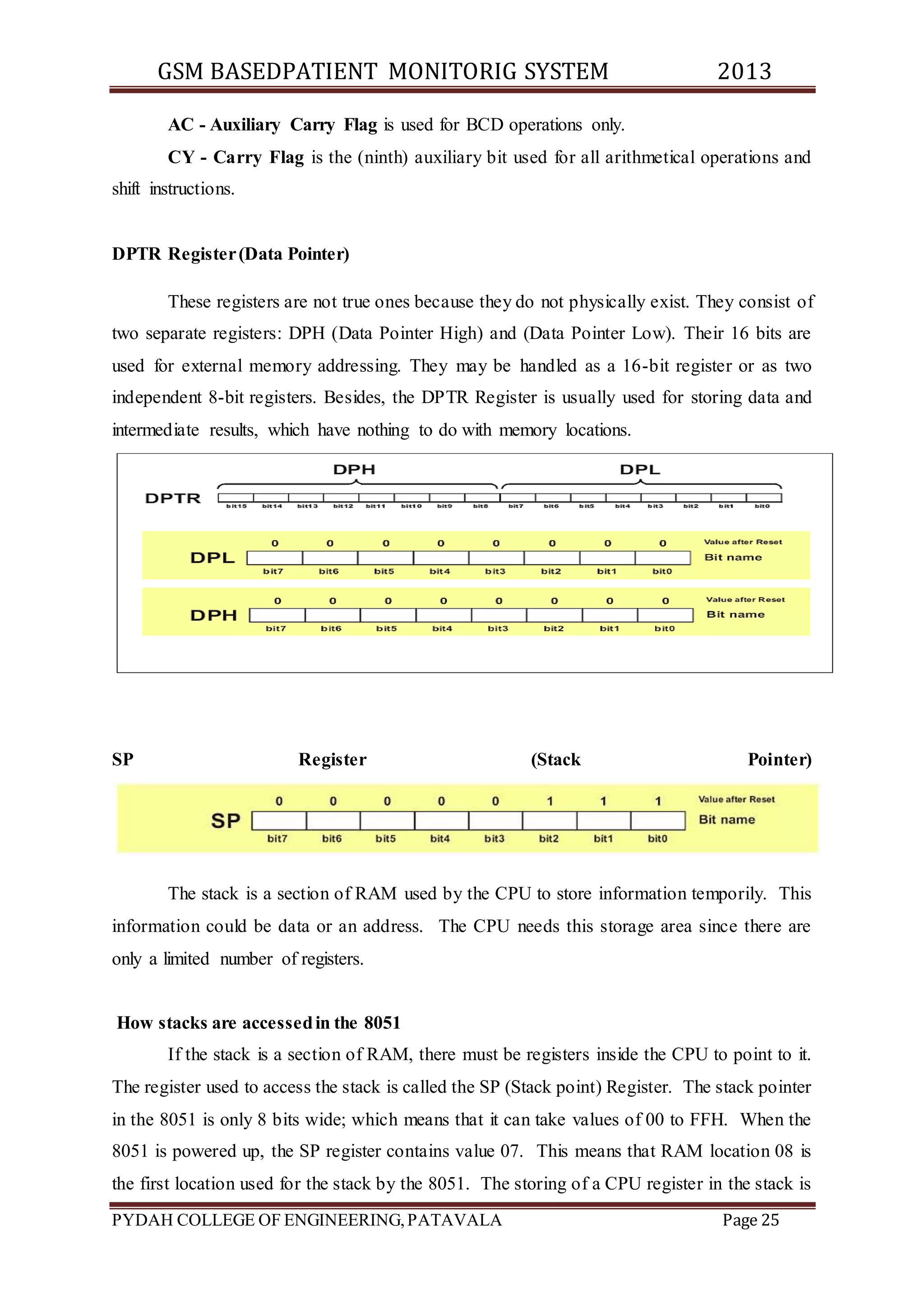 GSM BASEDPATIENT MONITORIG SYSTEM 2013 
AC - Auxiliary Carry Flag is used for BCD operations only. 
CY - Carry Flag is the (ninth) auxiliary bit used for all arithmetical operations and 
shift instructions. 
DPTR Register (Data Pointer) 
These registers are not true ones because they do not physically exist. They consist of 
two separate registers: DPH (Data Pointer High) and (Data Pointer Low). Their 16 bits are 
used for external memory addressing. They may be handled as a 16-bit register or as two 
independent 8-bit registers. Besides, the DPTR Register is usually used for storing data and 
intermediate results, which have nothing to do with memory locations. 
SP Register (Stack Pointer) 
The stack is a section of RAM used by the CPU to store information temporily. This 
information could be data or an address. The CPU needs this storage area since there are 
only a limited number of registers. 
How stacks are accessed in the 8051 
If the stack is a section of RAM, there must be registers inside the CPU to point to it. 
The register used to access the stack is called the SP (Stack point) Register. The stack pointer 
in the 8051 is only 8 bits wide; which means that it can take values of 00 to FFH. When the 
8051 is powered up, the SP register contains value 07. This means that RAM location 08 is 
the first location used for the stack by the 8051. The storing of a CPU register in the stack is 
PYDAH COLLEGE OF ENGINEERING, PATAVALA Page 25 
 