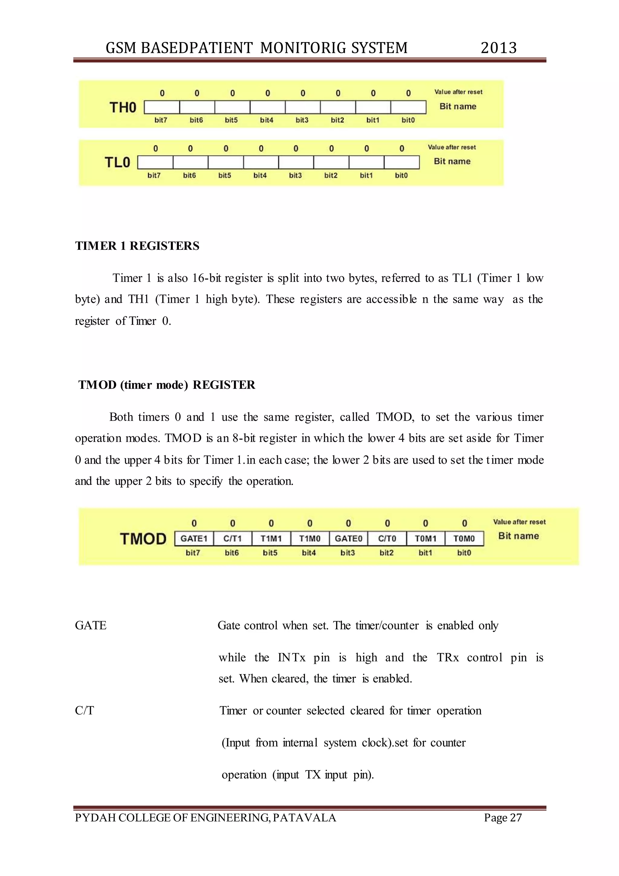 GSM BASEDPATIENT MONITORIG SYSTEM 2013 
TIMER 1 REGISTERS 
Timer 1 is also 16-bit register is split into two bytes, referred to as TL1 (Timer 1 low 
byte) and TH1 (Timer 1 high byte). These registers are accessible n the same way as the 
register of Timer 0. 
TMOD (timer mode) REGISTER 
Both timers 0 and 1 use the same register, called TMOD, to set the various timer 
operation modes. TMOD is an 8-bit register in which the lower 4 bits are set aside for Timer 
0 and the upper 4 bits for Timer 1.in each case; the lower 2 bits are used to set the t imer mode 
and the upper 2 bits to specify the operation. 
GATE Gate control when set. The timer/counter is enabled only 
while the INTx pin is high and the TRx control pin is 
set. When cleared, the timer is enabled. 
C/T Timer or counter selected cleared for timer operation 
(Input from internal system clock).set for counter 
operation (input TX input pin). 
PYDAH COLLEGE OF ENGINEERING, PATAVALA Page 27 
 