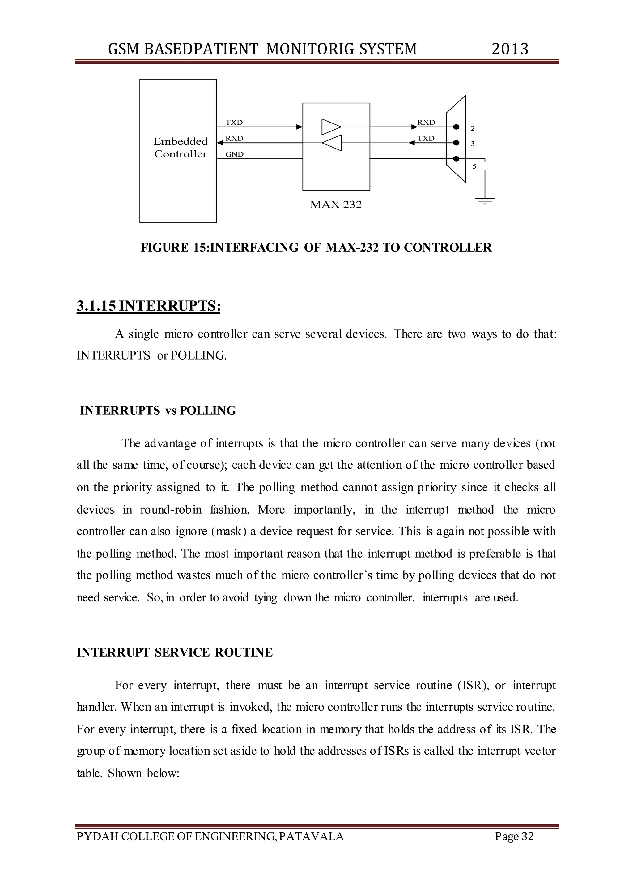 GSM BASEDPATIENT MONITORIG SYSTEM 2013 
Embedded 
Controller 
TXD 
RXD 
RXD 
TXD 
2 
3 
5 
GND 
MAX 232 
FIGURE 15:INTERFACING OF MAX-232 TO CONTROLLER 
3.1.15 INTERRUPTS: 
A single micro controller can serve several devices. There are two ways to do that: 
INTERRUPTS or POLLING. 
INTERRUPTS vs POLLING 
The advantage of interrupts is that the micro controller can serve many devices (not 
all the same time, of course); each device can get the attention of the micro controller based 
on the priority assigned to it. The polling method cannot assign priority since it checks all 
devices in round-robin fashion. More importantly, in the interrupt method the micro 
controller can also ignore (mask) a device request for service. This is again not possible with 
the polling method. The most important reason that the interrupt method is preferable is that 
the polling method wastes much of the micro controller’s time by polling devices that do not 
need service. So, in order to avoid tying down the micro controller, interrupts are used. 
INTERRUPT SERVICE ROUTINE 
For every interrupt, there must be an interrupt service routine (ISR), or interrupt 
handler. When an interrupt is invoked, the micro controller runs the interrupts service routine. 
For every interrupt, there is a fixed location in memory that holds the address of its ISR. The 
group of memory location set aside to hold the addresses of ISRs is called the interrupt vector 
table. Shown below: 
PYDAH COLLEGE OF ENGINEERING, PATAVALA Page 32 
 