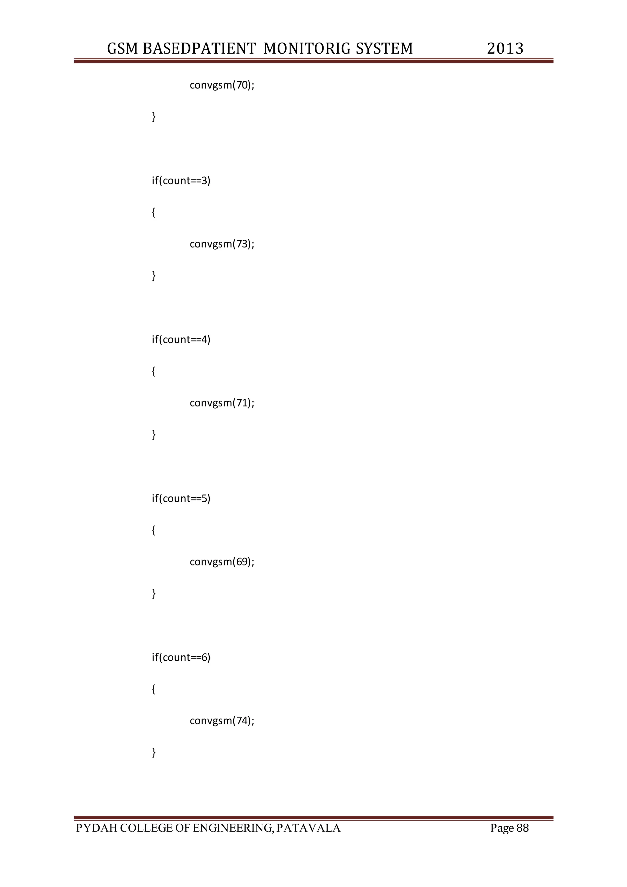 GSM BASEDPATIENT MONITORIG SYSTEM 2013 
convgsm(70); 
} 
if(count==3) 
{ 
convgsm(73); 
} 
if(count==4) 
{ 
convgsm(71); 
} 
if(count==5) 
{ 
convgsm(69); 
} 
if(count==6) 
{ 
convgsm(74); 
} 
PYDAH COLLEGE OF ENGINEERING, PATAVALA Page 88 
 