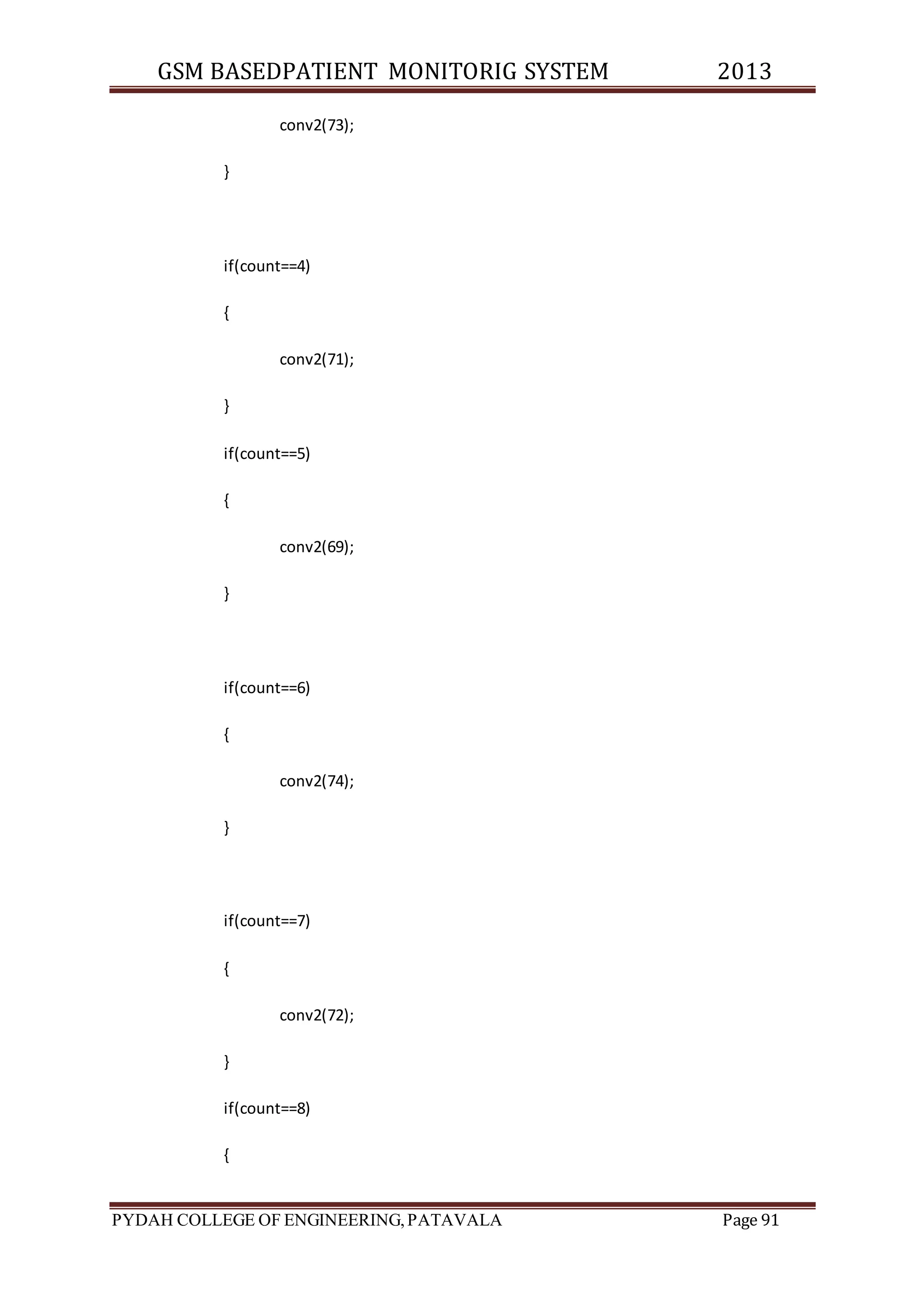 GSM BASEDPATIENT MONITORIG SYSTEM 2013 
conv2(73); 
} 
if(count==4) 
{ 
conv2(71); 
} 
if(count==5) 
{ 
conv2(69); 
} 
if(count==6) 
{ 
conv2(74); 
} 
if(count==7) 
{ 
conv2(72); 
} 
if(count==8) 
{ 
PYDAH COLLEGE OF ENGINEERING, PATAVALA Page 91 
 