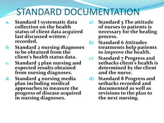STANDARD DOCUMENTATION
a. Standard I systematic data
collection on the health
status of client data acquired
last discussed written /
recorded.
b. Standard 2 nursing diagnoses
to be obtained from the
client's health status data.
c. Standard 3 plan nursing and
expected results obtained
from nursing diagnoses.
d. Standard 4 nursing media
plan including medical
approaches to measure the
progress of disease acquired
in nursing diagnoses.
a) Standard 5 The attitude
of nurses to patients is
necessary for the healing
process.
b) Standard 6 Attitudes
treatments help patients
to improve the health.
c) Standard 7 Progress and
setbacks client's health is
determined by the client
and the nurse.
d) Standard 8 Progress and
setbacks recorded and
documented as well as
revisions to the plan to
the next nursing.
 