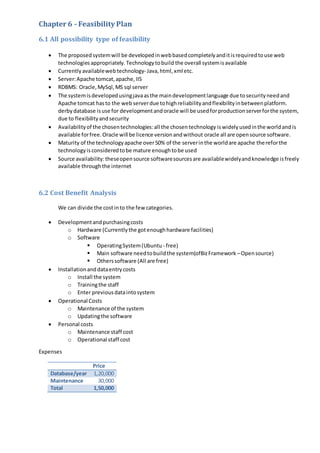 Chapter 6 - Feasibility Plan
6.1 All possibility type of feasibility
 The proposedsystemwill be developedinwebbasedcompletelyanditisrequiredtouse web
technologiesappropriately.Technologytobuild the overall systemisavailable
 Currentlyavailablewebtechnology- Java,html,xml etc.
 Server:Apache tomcat,apache,IIS
 RDBMS: Oracle,MySql,MS sql server
 The systemisdevelopedusingjavaasthe maindevelopmentlanguage due tosecurityneedand
Apache tomcat hasto the webserverdue tohighreliabilityandflexibilityinbetweenplatform.
derbydatabase isuse for developmentandoracle will be usedforproductionserverforthe system,
due to flexibilityandsecurity
 Availabilityof the chosentechnologies:all the chosentechnology iswidelyusedinthe worldand is
available forfree.Oracle will be licence versionandwithout oracle all are opensource software.
 Maturity of the technologyapache over50% of the serverinthe worldare apache thereforthe
technologyisconsideredtobe mature enoughtobe used
 Source availability:theseopensource softwaresourcesare availablewidelyandknowledge isfreely
available throughthe internet
6.2 Cost Benefit Analysis
We can divide the costinto the few categories.
 Developmentandpurchasingcosts
o Hardware (Currentlythe gotenoughhardware facilities)
o Software
 OperatingSystem(Ubuntu - free)
 Main software needtobuildthe system(ofBizFramework –Opensource)
 Otherssoftware (All are free)
 Installationanddataentrycosts
o Install the system
o Trainingthe staff
o Enter previousdataintosystem
 Operational Costs
o Maintenance of the system
o Updatingthe software
 Personal costs
o Maintenance staff cost
o Operational staff cost
Expenses
Price
Database/year 1,20,000
Maintenance 30,000
Total 1,50,000
 