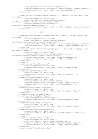 <event type="service" invoke="createEmplLeave" />
<response name="success" type="request" value="sendEmailToLeaveFromAdmin" />
<response name="error" type="view" value="AdminLeaveAdd" />
</request-map>
<request-map uri="sendEmailToLeaveFromAdmin"><!-- Send mail to Admin after Save
Leave Request -->
<security https="true" auth="true" />
<event type="service" invoke="sendEmailForLeave"
path="component://humanres/servicedef/services.xml" />
<response name="success" type="request"
value="ProttayEmployeeLeavesViewAdmin" />
<response name="error" type="view" value="ProttayEmployeeLeavesViewAdmin" />
</request-map>
<!--=====================End================ -->
<request-map uri="sendEmailForLeaveToAdmin"><!-- Send mail to Admin after Save
Leave Request -->
<security https="true" auth="true" />
<event type="service" invoke="sendEmailForLeave"
path="component://humanres/servicedef/services.xml" />
<response name="success" type="request" value="ProttayEmployeeLeavesView" />
<response name="error" type="view" value="ProttayEmployeeLeavesView" />
</request-map>
<request-map uri="sendEmailForLeaveToEmployee"><!-- Send mail to Employee after
send Email to Admin -->
<security https="true" auth="true" />
<event type="service" invoke="sendEmailForLeaveReverse"
path="component://humanres/servicedef/services.xml" />
<response name="success" type="view" value="EmplLeaveAdd" />
<response name="error" type="view" value="EmplLeaveAdd" />
</request-map>
<!-- end -->
<request-map uri="SearchEmplLeaves">
<security https="true" auth="true" />
<response name="success" type="view" value="SearchEmplLeaves" />
</request-map>
<request-map uri="EditEmplLeave">
<security https="true" auth="true" />
<response name="success" type="view" value="EditEmplLeave" />
</request-map>
<request-map uri="deleteEmplLeave">
<security https="true" auth="true" />
<event type="service" invoke="deleteEmplLeave" />
<response name="success" type="view" value="FindEmplLeaves" />
<response name="error" type="view" value="FindEmplLeaves" />
</request-map>
<request-map uri="EditEmplLeaveTypes">
<security https="true" auth="true" />
<response name="success" type="view" value="EditEmplLeaveTypes" />
</request-map>
<!-- added for employye leave types -->
<request-map uri="AddEmplLeaveTypes">
<security https="true" auth="true" />
<response name="success" type="view" value="AddEmplLeaveTypes" />
</request-map>
<request-map uri="ListEmplLeaveTypes">
<security https="true" auth="true" />
<response name="success" type="view" value="ListEmplLeaveTypes" />
</request-map>
<request-map uri="NewEditEmplLeaveTypes">
<security https="true" auth="true" />
<response name="success" type="view" value="NewEditEmplLeaveTypes" />
</request-map>
<!-- end -->
<request-map uri="createEmplLeaveType">
<security https="true" auth="true" />
<event type="service" invoke="createEmplLeaveType" />
<response name="success" type="view" value="EditEmplLeaveTypes" />
<response name="error" type="view" value="EditEmplLeaveTypes" />
</request-map>
<request-map uri="updateEmplLeaveType">
 