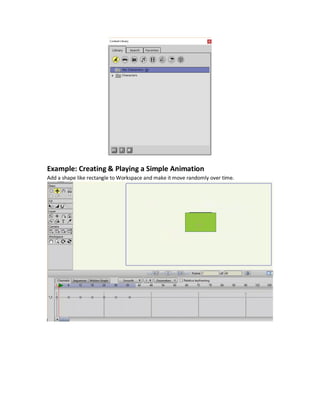 Note that the Project Settings has other options like FPS and start and end frames. The start and
end frames can also get changed from the Timeline options.
Knowing the FPS is 24, Workspace dimensions are 1280 for Width and 720 for height, start
frame number is 30 and end frame number is 160, what is the size in bytes of the produced
animation? What is the length in seconds of the produced animation?
Ready-to-Use Content
There are some ready to use built-in content in Anime Studio like Character Wizard and Library.
Character Wizard
The Character Wizard is used to allow the user to modify and customize an already existing
character like changing its shape and movement.
Library
Anime Studio library contains several categorizes of built-in content like characters, videos,
audio, and more that are ready for use but not customizable like Character Wizard. User
navigate through the available characters and select one. After being selected, it will be
imported in the Workspace. User can modify it once added in the Workspace.
User can search for a specific character by its name and category. For frequently used
characters, user can add then to favorites for easy access.
 