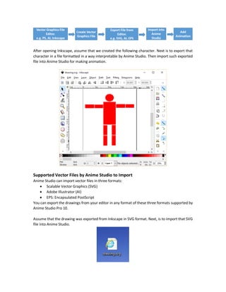 ***Week 3 (30-9-2017)***
Create Drawings
Vector Graphics Editors
Anime Studio is not meant to draw shapes but its fundamental task is adding animation to already
existing shapes. It has some tools for creating drawings from scratch but other software programs
like Adobe Photoshop do this much better. Every tools has its benefits and the benefit of Anime
Studio is creating animation. It can be fine for simple drawings. So, if you think of creating a
complex character, start drawing it in other drawing tools then import it into Anime Studio for
adding animation.
In addition tocreating your own drawings in external softwareprograms other than AnimeStudio,
you can use already existing characters downloaded from the Internet.
From Scratch
Using any software able to create and edit vector files, we can create our own drawings from
scratch with accuracy exceeding drawings created in Anime Studio.
Examples of these software programs are Adobe Photoshop. In this tutorial, a simpler vector files
editor software called Inkscape is used. You can use whatever appeals to you. Its main window is
shown below.
After that you can create your own shapes and characters with wide range of dynamic options
than existing in Anime Studio.
The following diagram summarizes the steps.
 