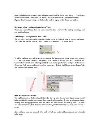 Note the indentation between the Bone layer (Layer 2)and theVector layer (Layer 1). If two layers
are in the same level that means that there is no parent-child relationship between them.
If you clicked the down triangle of the Bone layer all its layers will be shown and hidden.
Understanding the Bone Layer Bone Tools
There are a set of tools than can work with the Bone layer only for adding, selecting, and
manipulating bones.
Add Bone (A) [Adding Bones in Bone Layers]
This is the first tool to use when starting creating bones in the Bone layer as it adds new bones.
Just click it and you will find the cursor changed to a new symbol as shown below.
To add a new bone, just click on any empty space in the Workspace and then drag the bone to get
it put into the desired direction and length. When pressing the Shift key the bone will be just
horizontal or vertical. Once a bone get added, it will be assigned a name and get listed as a new
element in the bones dropdown menu. One a bone get selected, it will be colored red by default
and get ready for working with it.
Bone Starting and End Points
You might notice that the bone is wide from the starting point it drawn at and get narrower until
being a point at the point we released the mouse. It is like rotation. The center of rotation is the
starting point. Dragging the end point will rotate the bone around the starting point. The bone
end is the point from which the bone can move freely and the bone start is a fixed point and can`t
move.
After adding at least one bone, all other tools in the Bone section will be activated and get ready
to be used.
 